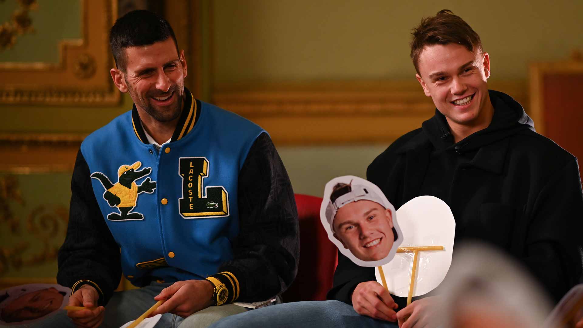 <a href='https://www.atptour.com/en/players/novak-djokovic/d643/overview'>Novak Djokovic</a> and <a href='https://www.atptour.com/en/players/holger-rune/r0dg/overview'>Holger Rune</a> at the 2023 <a href='https://www.atptour.com/en/tournaments/nitto-atp-finals/605/overview'>Nitto ATP Finals</a>.
