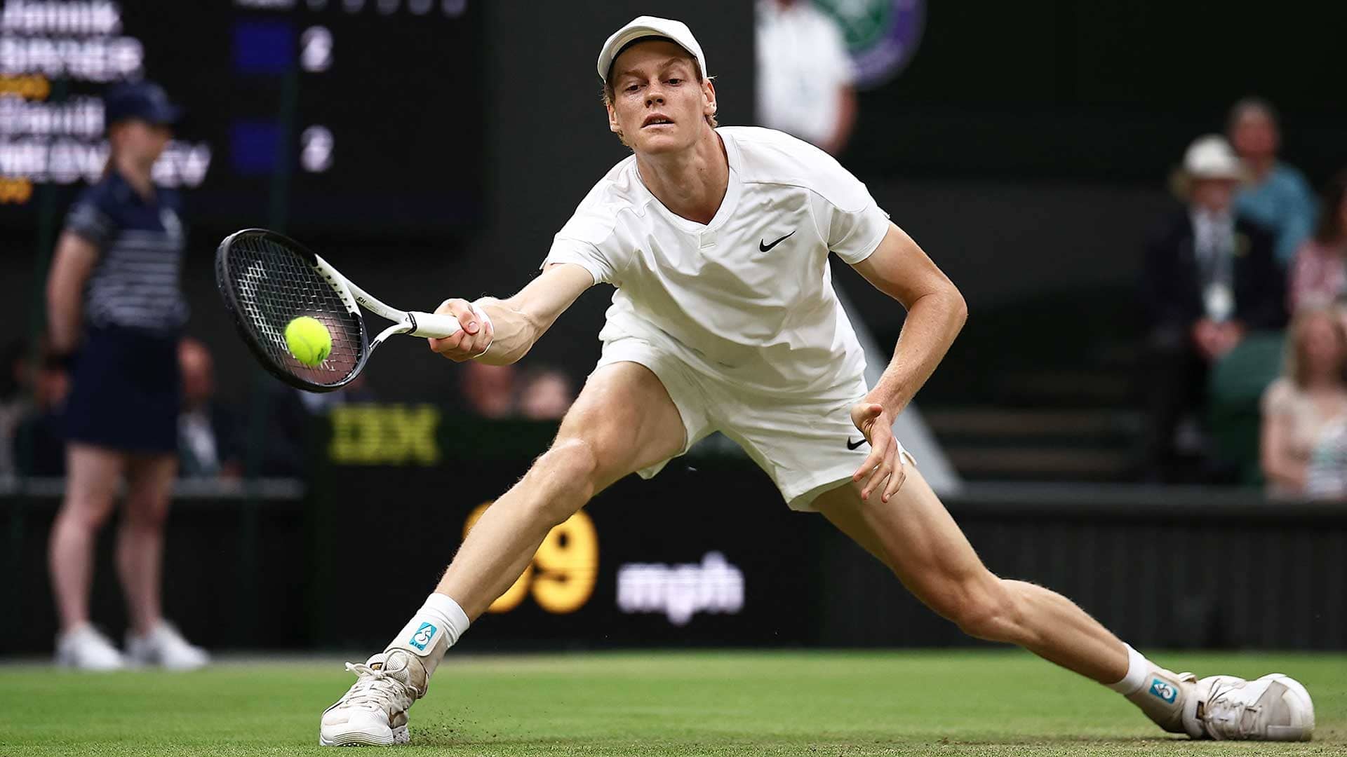 Jannik Sinner in action on Tuesday at Wimbledon.