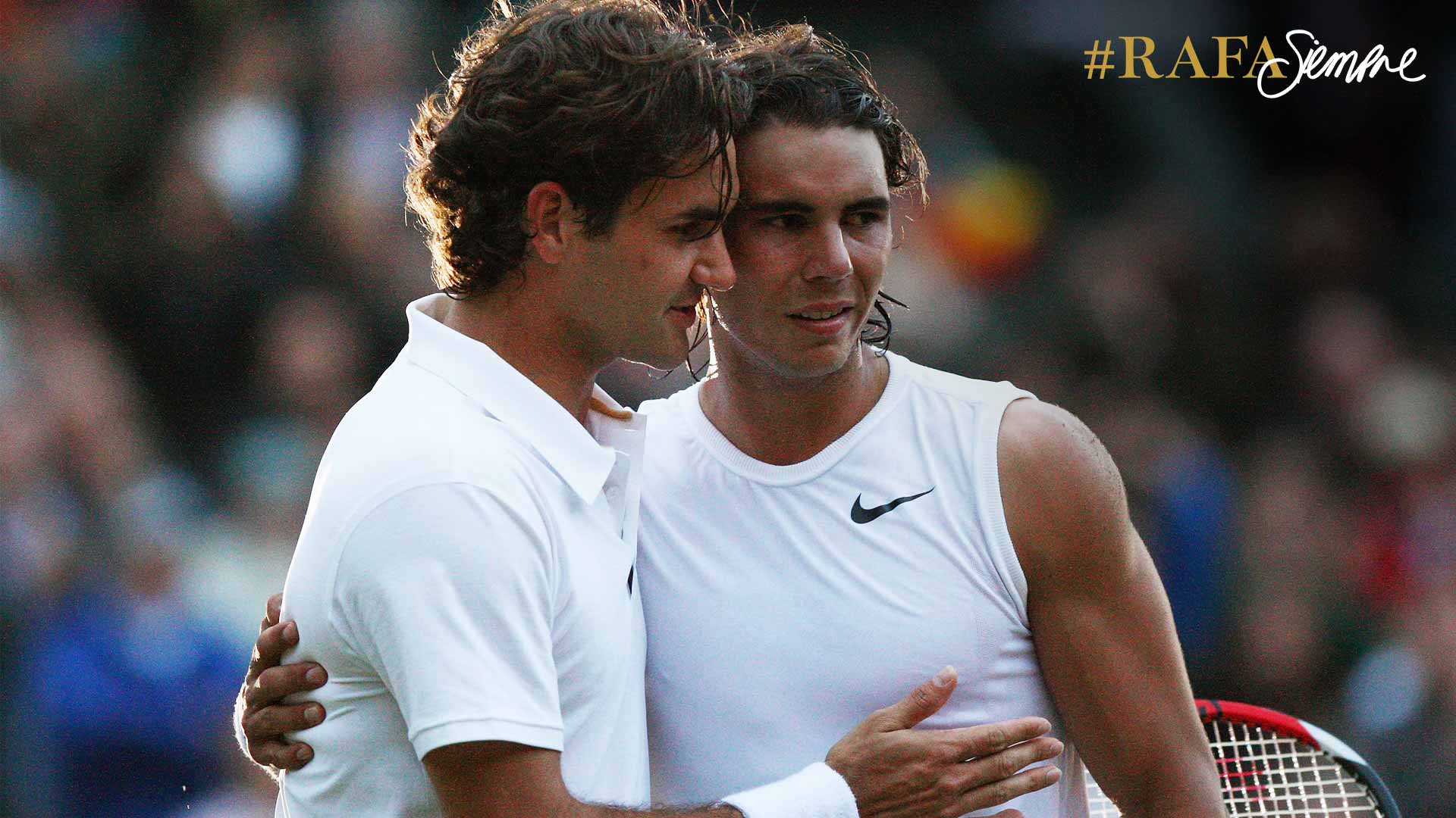 Roger Federer and Rafael Nadal embrace following their Wimbledon classic in 2008.