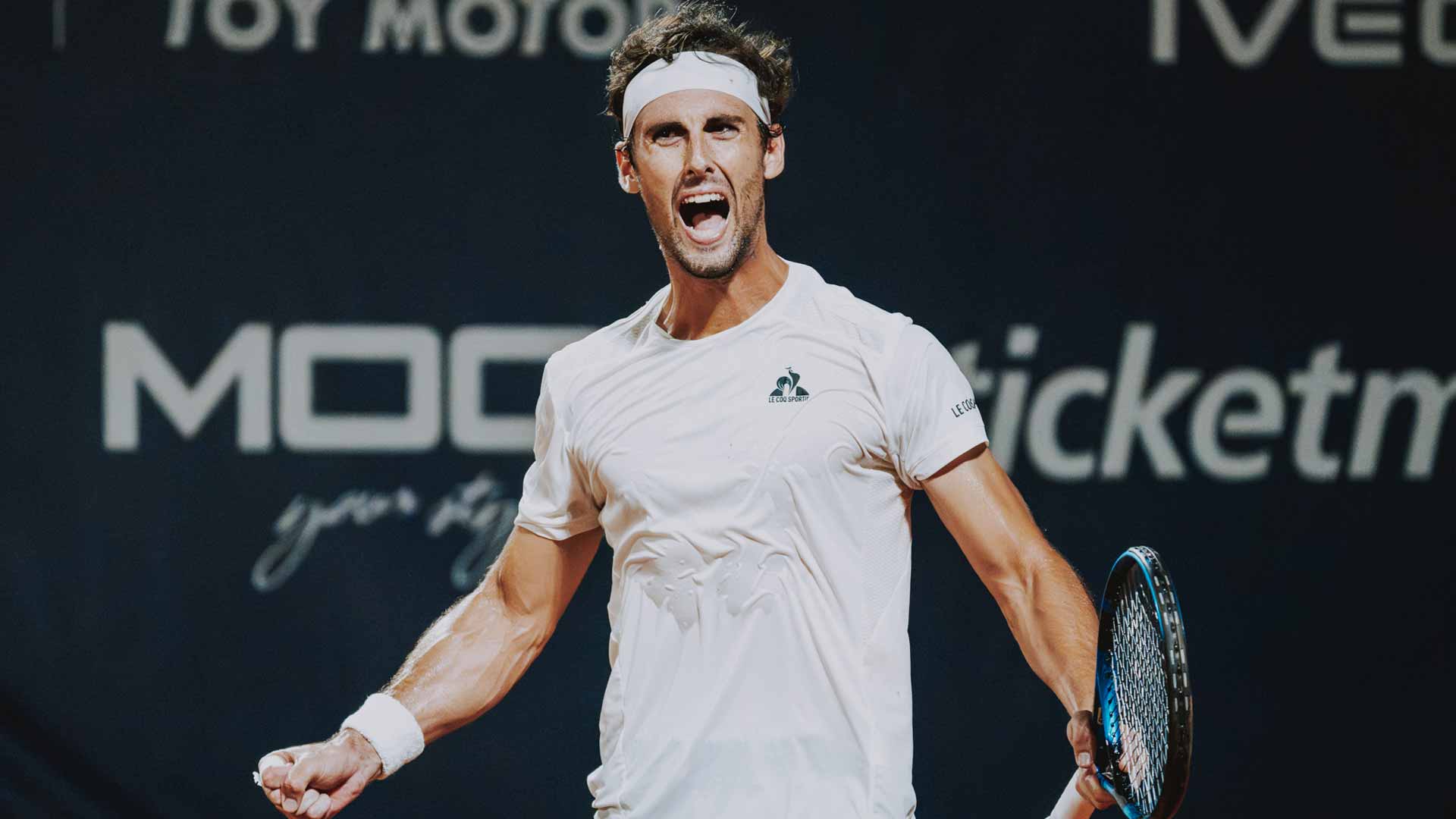 <a href='https://www.atptour.com/en/players/carlos-taberner/te16/overview'>Carlos Taberner</a> celebrates winning the Challenger 75 event in Todi, Italy.