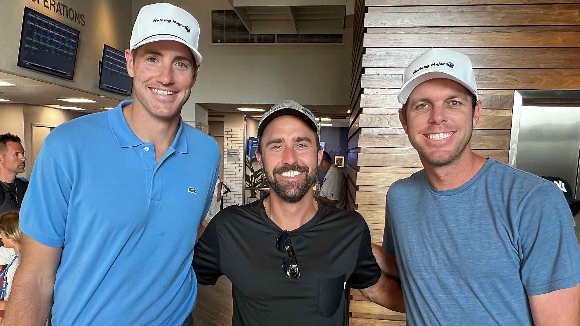 (L-R) John Isner, Steve Johnson, and Sam Querrey host the Nothing Major podcast alongside former doubles Grand Slam winner Jack Sock.
