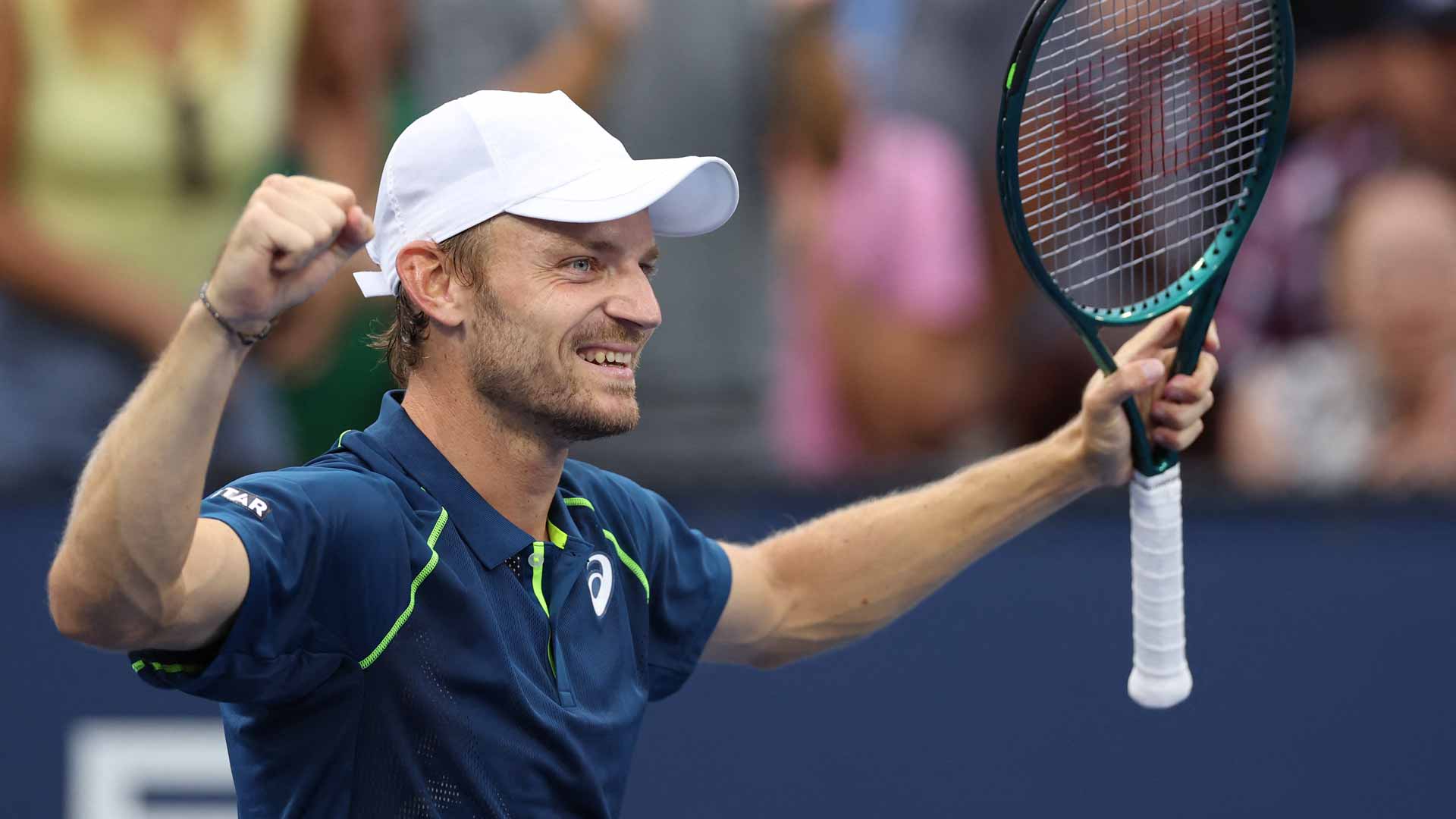 David Goffin celebrates a four-set win against Adrian Mannarino in the second round of the US Open.