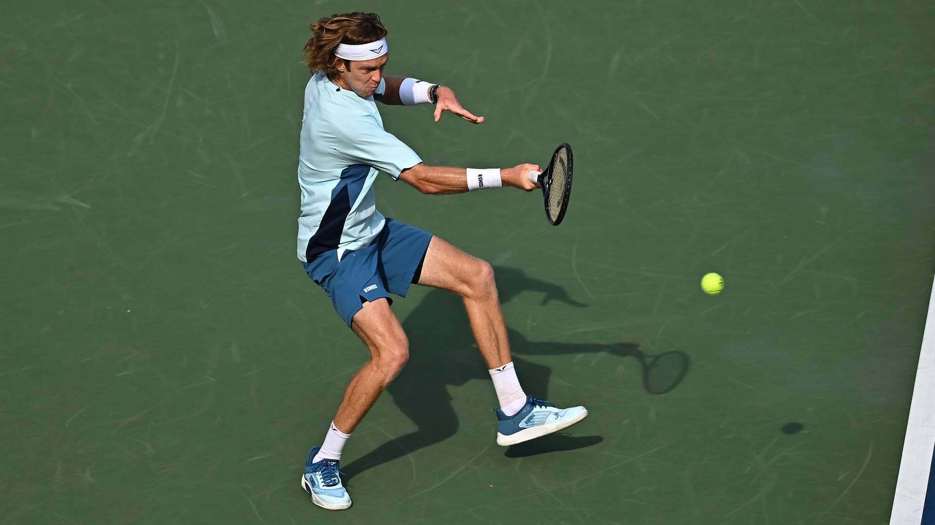 Andrey Rublev in third-round action against Jiri Lehecka at the US Open.