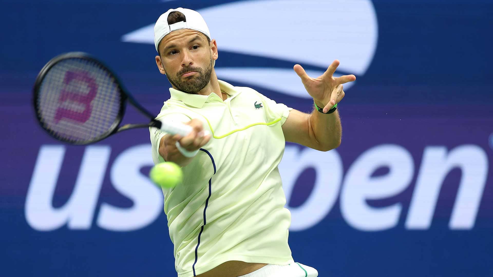 Grigor Dimitrov in fourth-round action against Andrey Rublev on Sunday at the US Open.