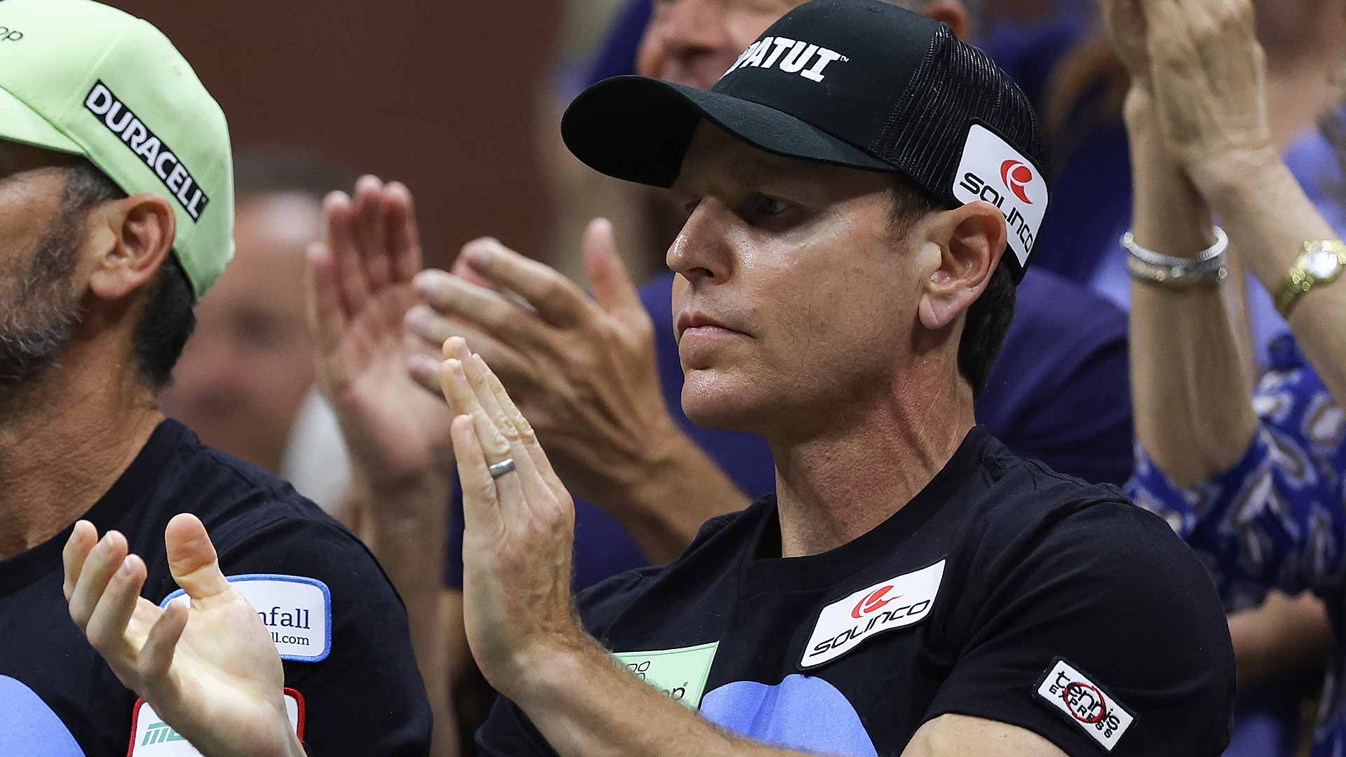 Michael Russell cheers on Taylor Fritz during his US Open semi-final victory on Friday against Frances Tiafoe.