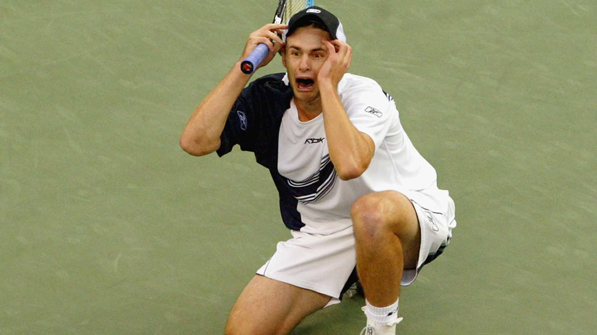 Andy Roddick celebrates his 2003 US Open triumph.
