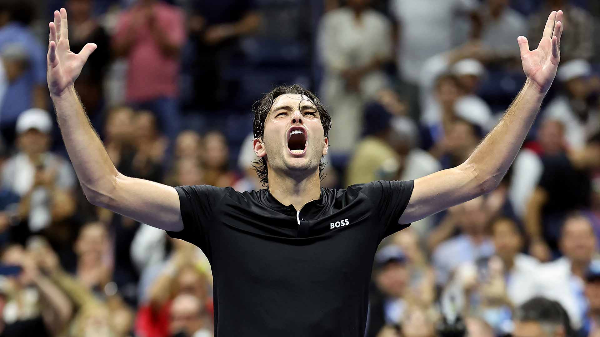 Taylor Fritz celebrates his US Open semi-final win against Frances Tiafoe on Friday evening.