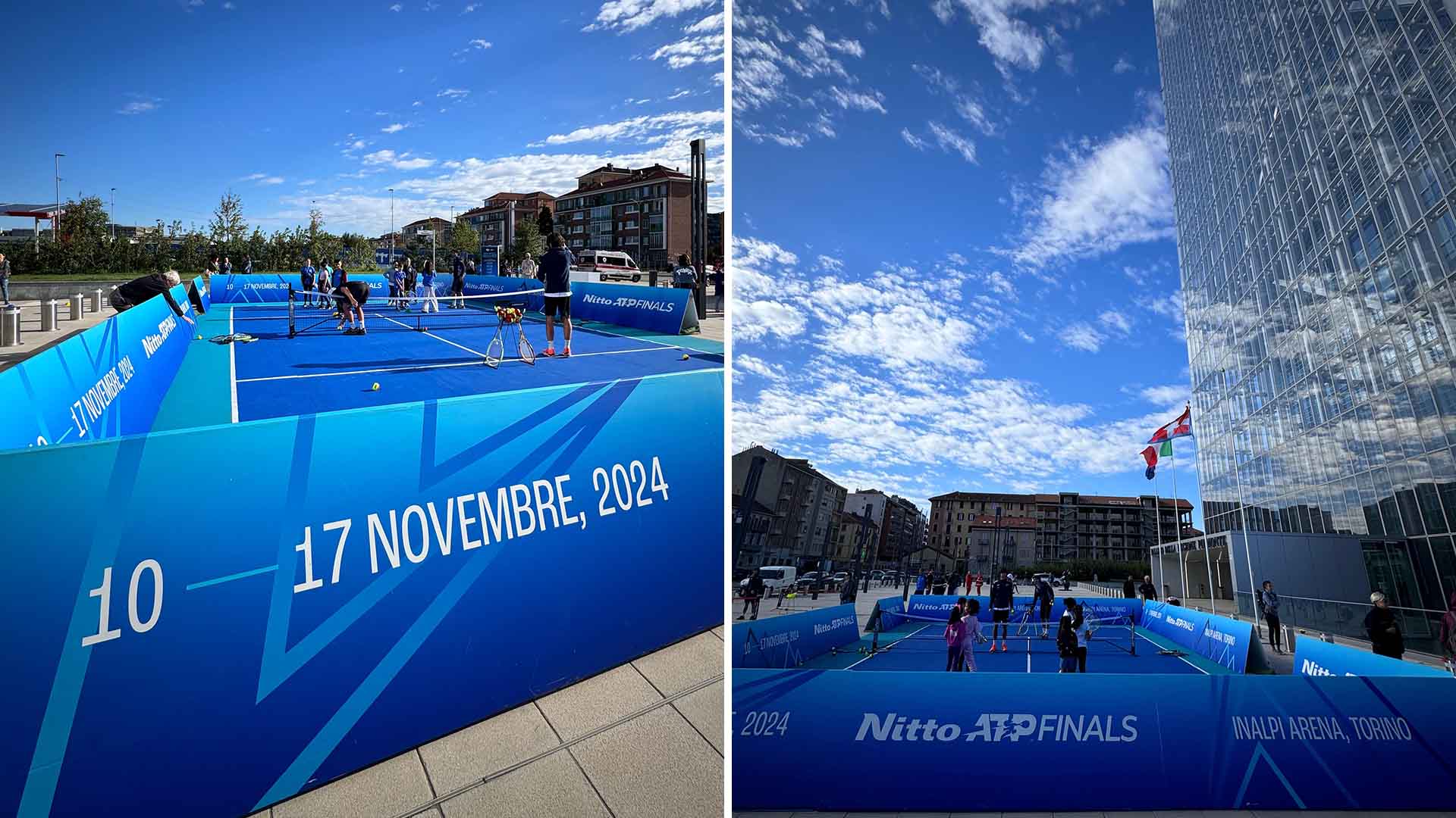 Fans play tennis on a mini tennis court outside the Regione Piemonte skyscraper.