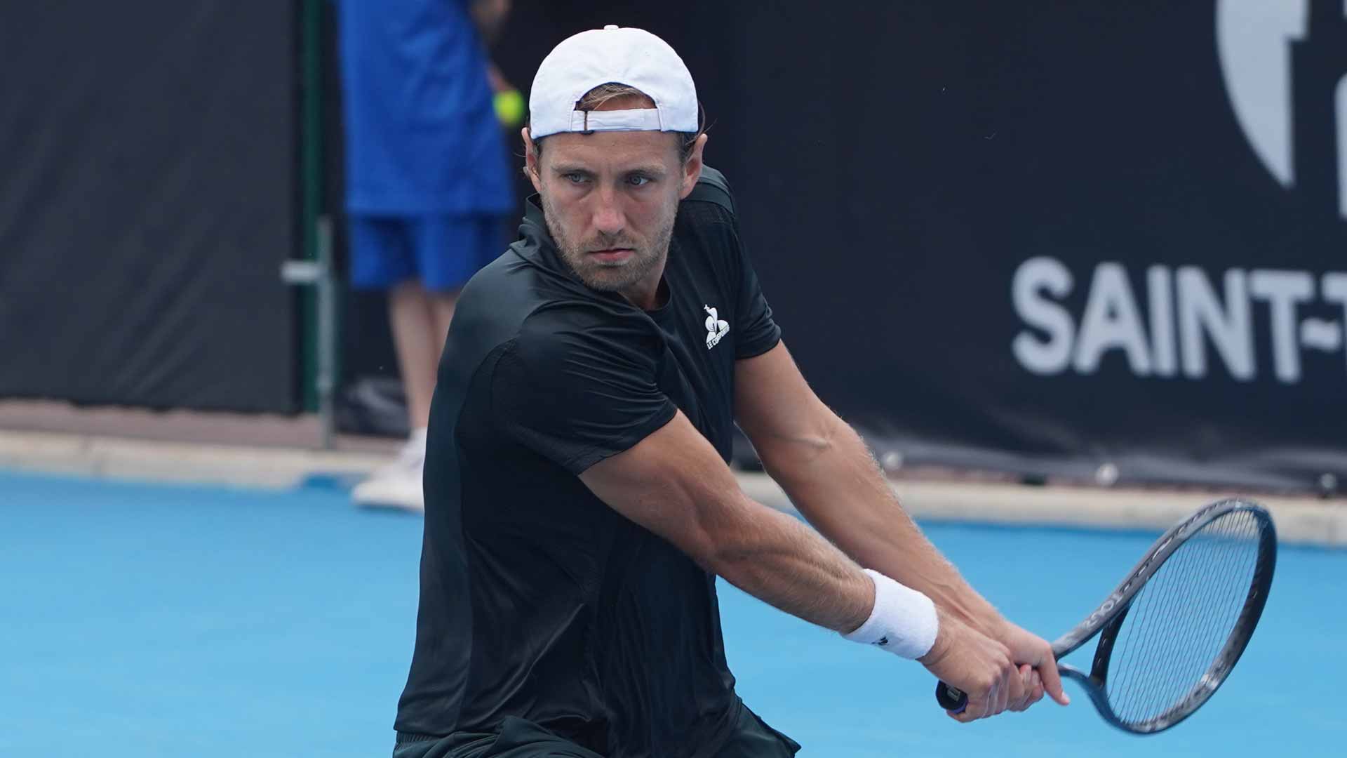 Lucas Pouille in action at the Saint-Tropez Open, an ATP Challenger Tour 125 event.