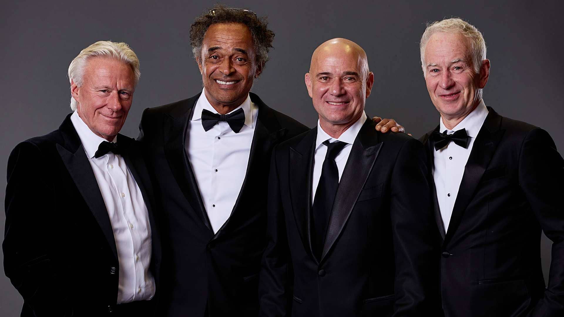 Bjorn Borg, Yannick Noah, Andre Agassi and John McEnroe pose for a photo at the 2024 Laver Cup in Berlin