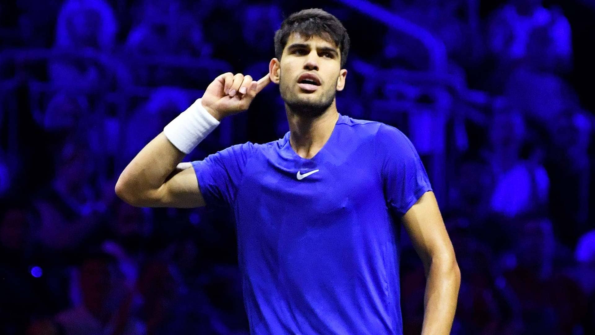 Carlos Alcaraz in action at the Laver Cup for Team Europe in Berlin.