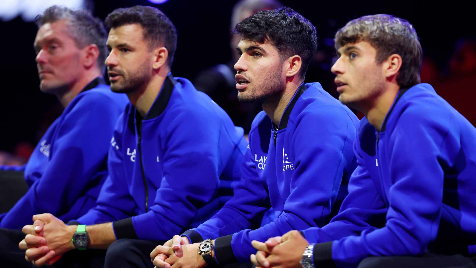<a href='https://www.atptour.com/en/players/thomas-enqvist/e113/overview'>Thomas Enqvist</a>, <a href='https://www.atptour.com/en/players/grigor-dimitrov/d875/overview'>Grigor Dimitrov</a>, <a href='https://www.atptour.com/en/players/carlos-alcaraz/a0e2/overview'>Carlos Alcaraz</a> and <a href='https://www.atptour.com/en/players/flavio-cobolli/c0e9/overview'>Flavio Cobolli</a> of Team Europe at the <a href='https://www.atptour.com/en/tournaments/laver-cup/9210/overview'>Laver Cup</a>.