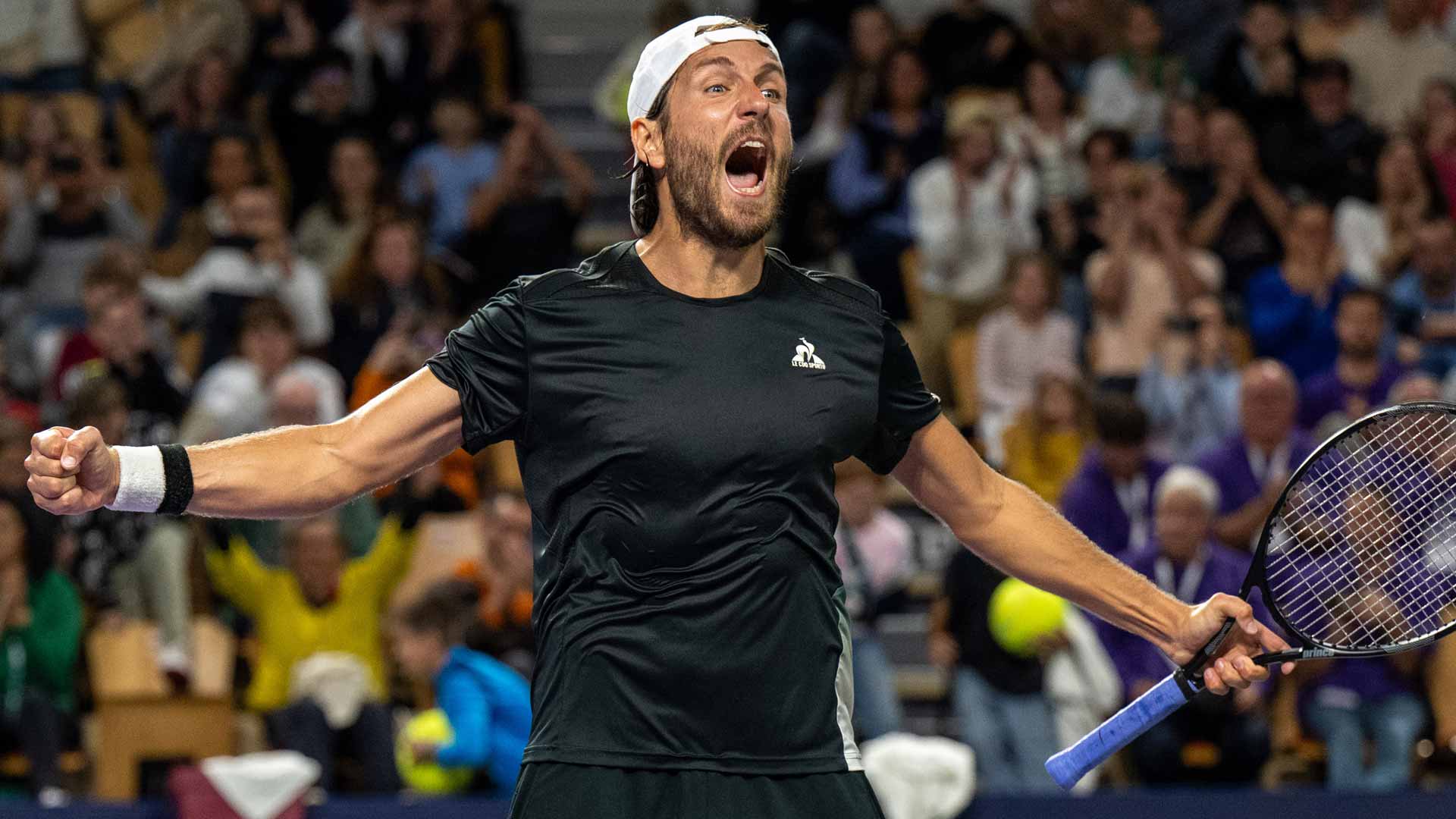 <a href='https://www.atptour.com/en/players/lucas-pouille/pf39/overview'>Lucas Pouille</a> celebrates winning his third Challenger title.