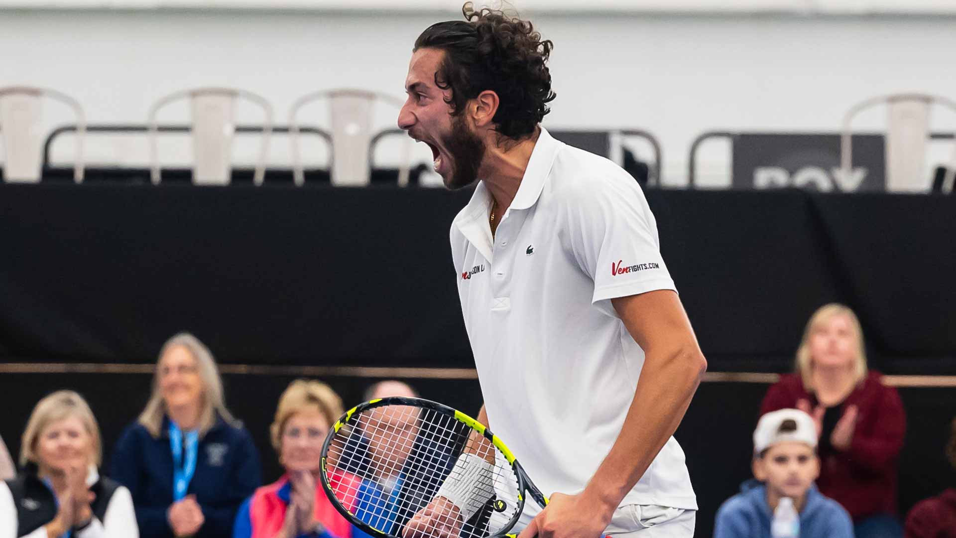 <a href='https://www.atptour.com/en/players/ozan-baris/c0hx/overview'>Ozan Baris</a> celebrates reaching his first Challenger quarter-final in Sioux Falls.