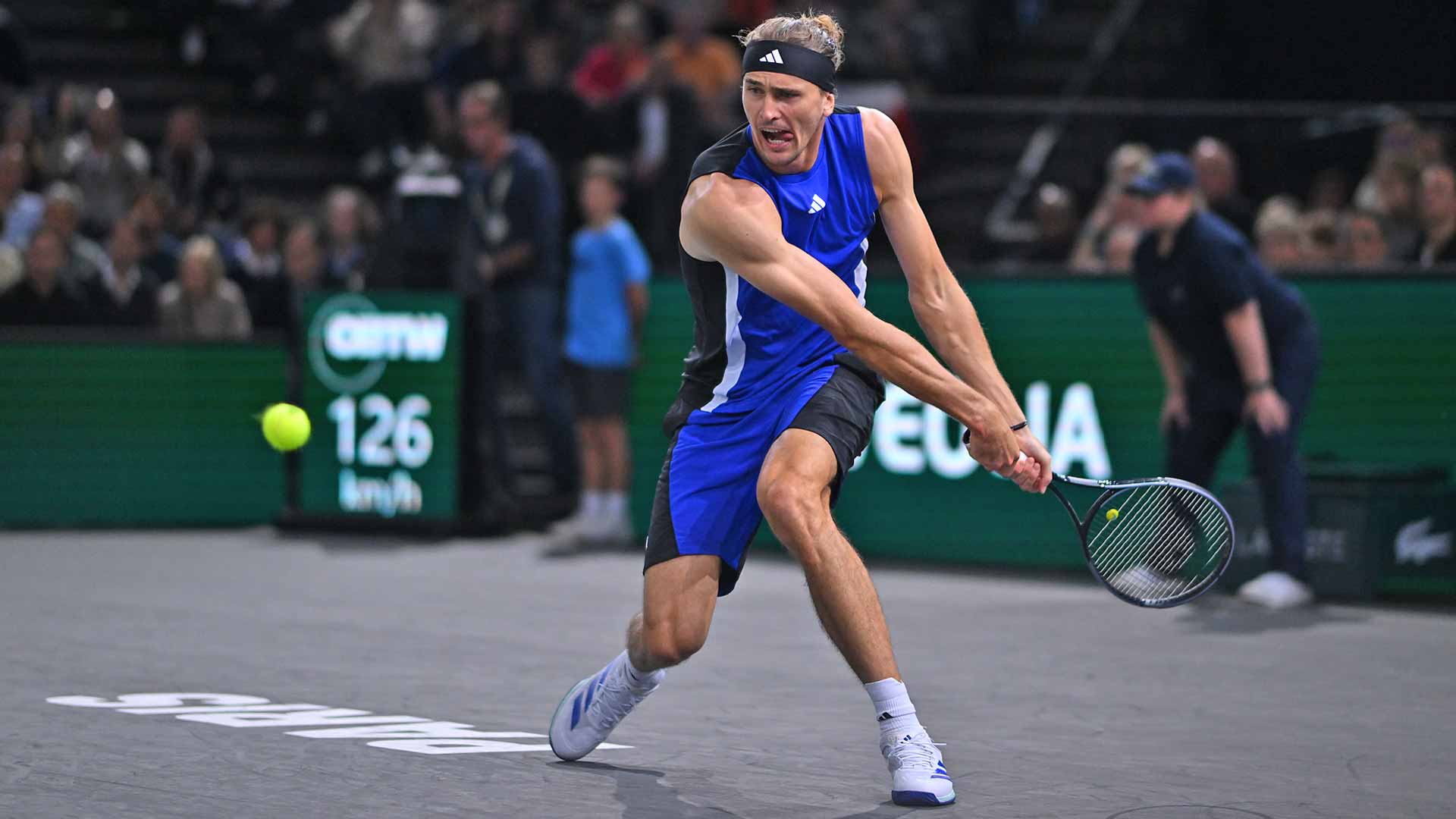 Alexander Zverev in action on Sunday during the Rolex Paris Masters championship match.