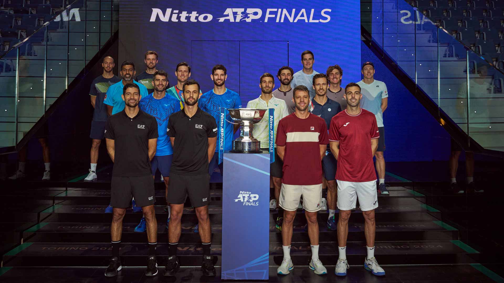 L-R [front to back] Marcelo Arevalo, Mate Pavic, Horacio Zeballos, Marcel Granollers, Simone Bolelli, Andrea Vavassori, Nikola Mektic, Wesley Koolhof, Rohan Bopanna, Matthew Ebden, Jordan Thompson, Max Purcell, Tim Puetz, Kevin Krawietz, Henry Patten, Harri Heliovaara. 