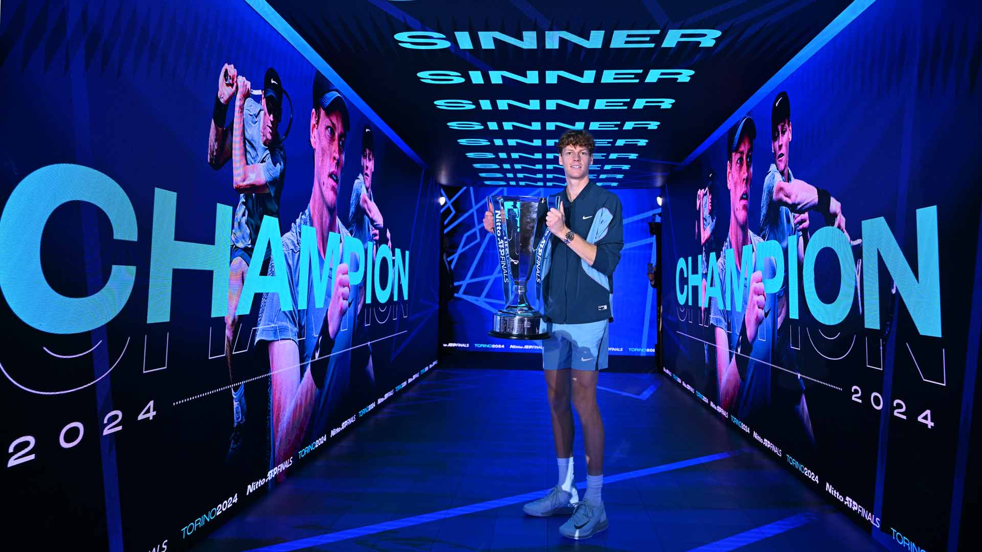 Jannik Sinner celebrates his eighth tour-level triumph of the season.