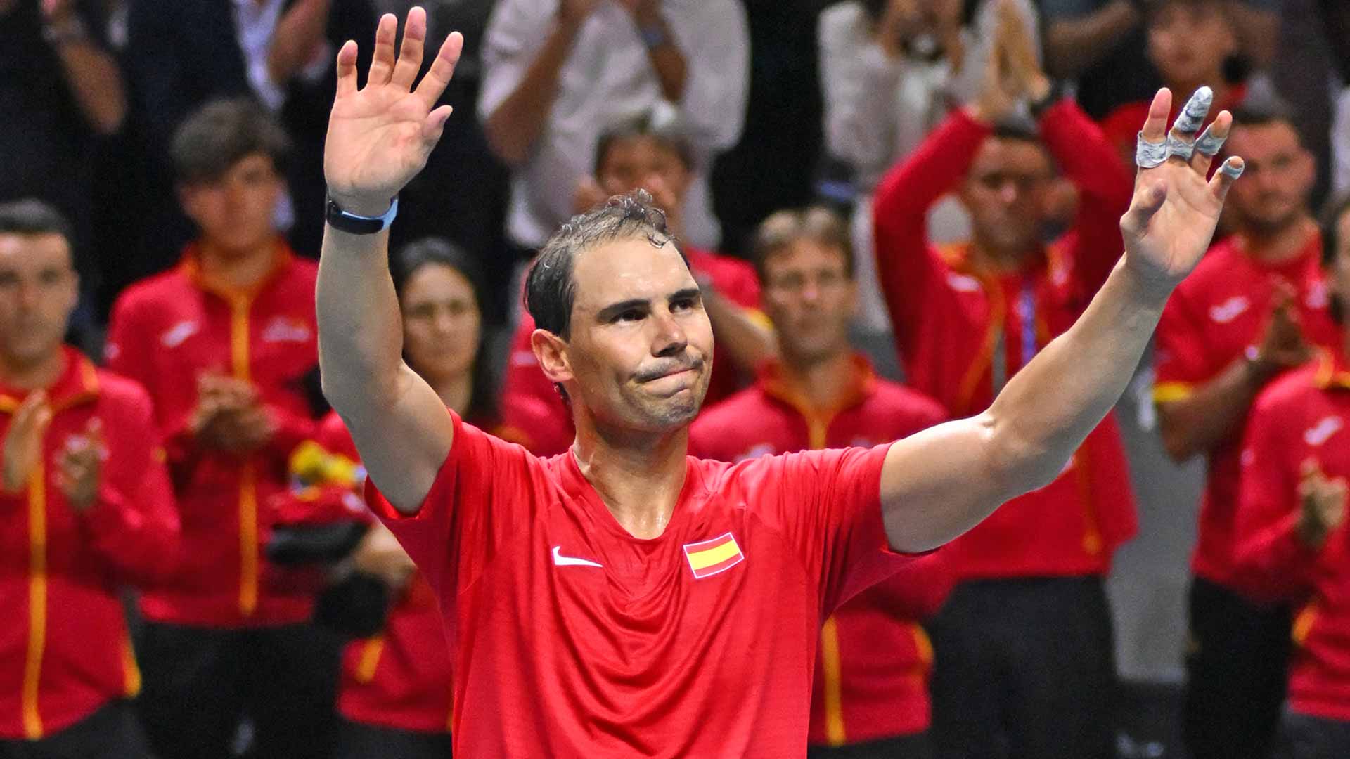 Rafael Nadal salutes the crowd after his Davis Cup defeat to Botic van de Zandschulp on Tuesday in Malaga.