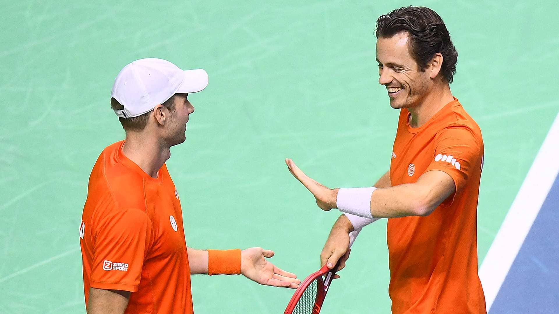 Botic van de Zandschulp and Wesley Koolhof in action against Spain on Tuesday at the Davis Cup in Malaga.