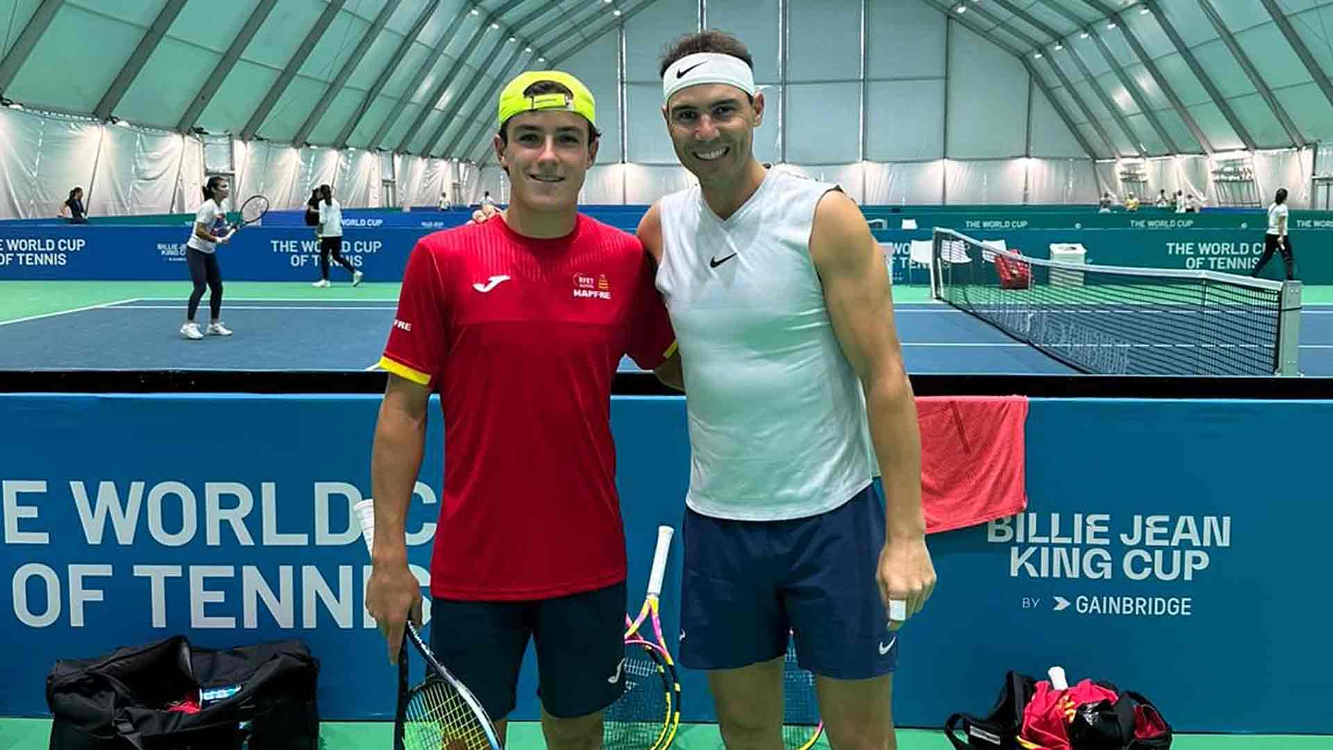 <a href='https://www.atptour.com/en/players/rafael-nadal/n409/overview'>Rafael Nadal</a> with 17-year-old<a href='https://www.atptour.com/en/players/andres/a132/overview'> Andres</a> Santamarta at the 2024 Davis Cup Final 8. 