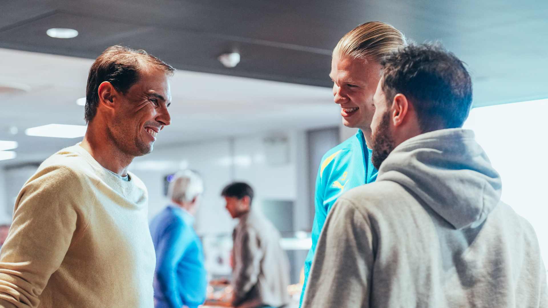 Rafael Nadal meets Manchester City stars Erling Haaland and Bernando Silva.