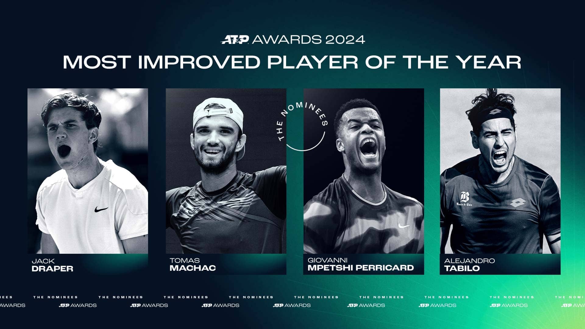 Jack Draper, Tomas Machac, Giovanni Mpetshi Perricard and Alejandro Tabilo were nominated for Most Improved Player in the 2024 ATP Awards.