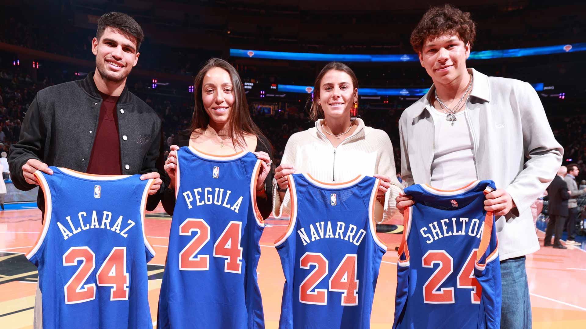 Carlos Alcaraz, Jessica Pegula, Emma Navarro and Ben Shelton were presented with New York Knicks jerseys.