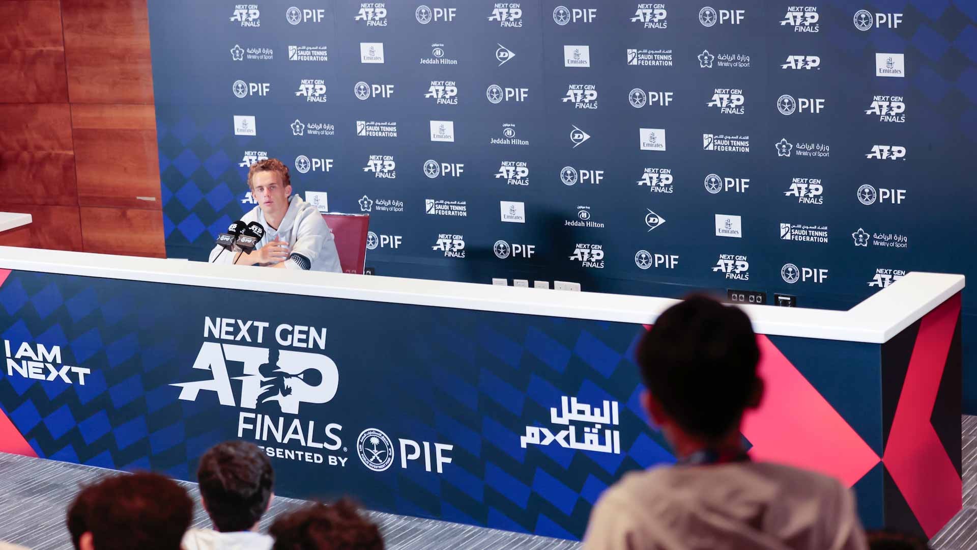 Luca Van Assche answers questions from local schoolchildren on Wednesday in Jeddah.