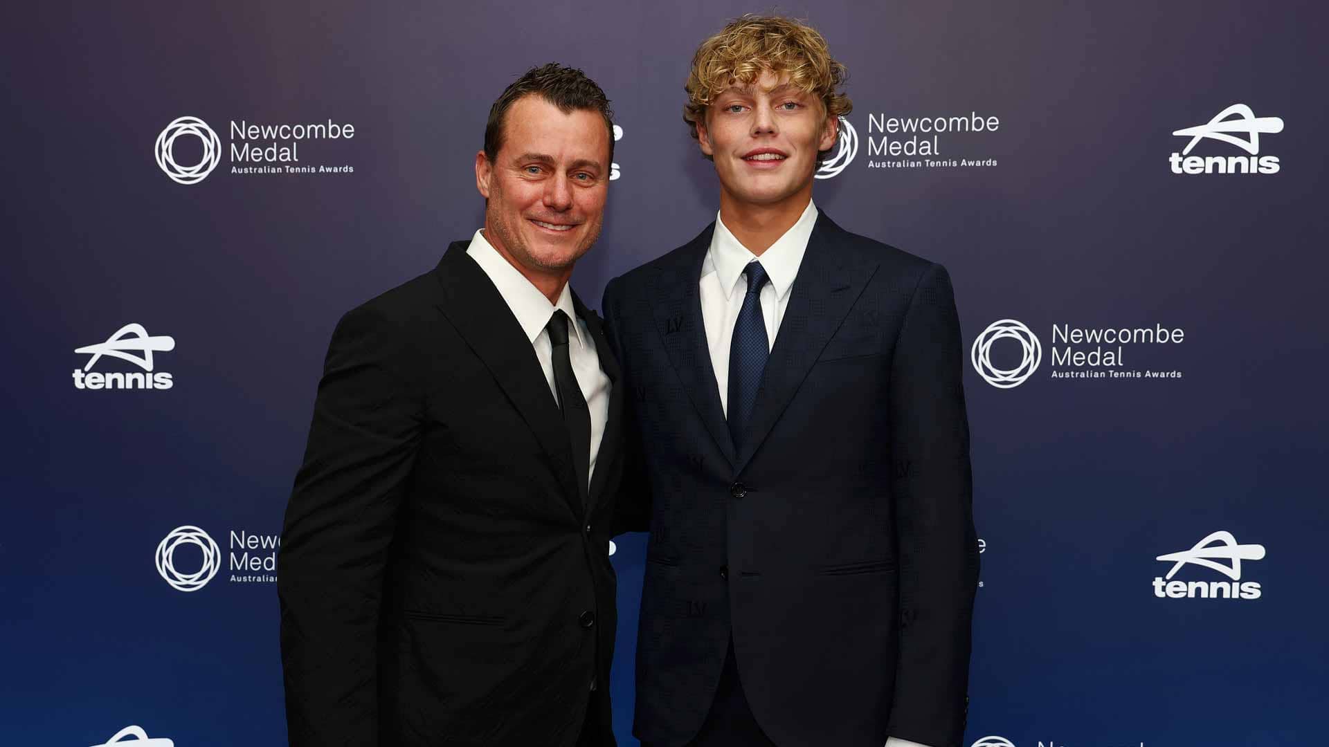 Lleyton Hewitt and Cruz Hewitt at the 2024 Newcombe Medal earlier this month.