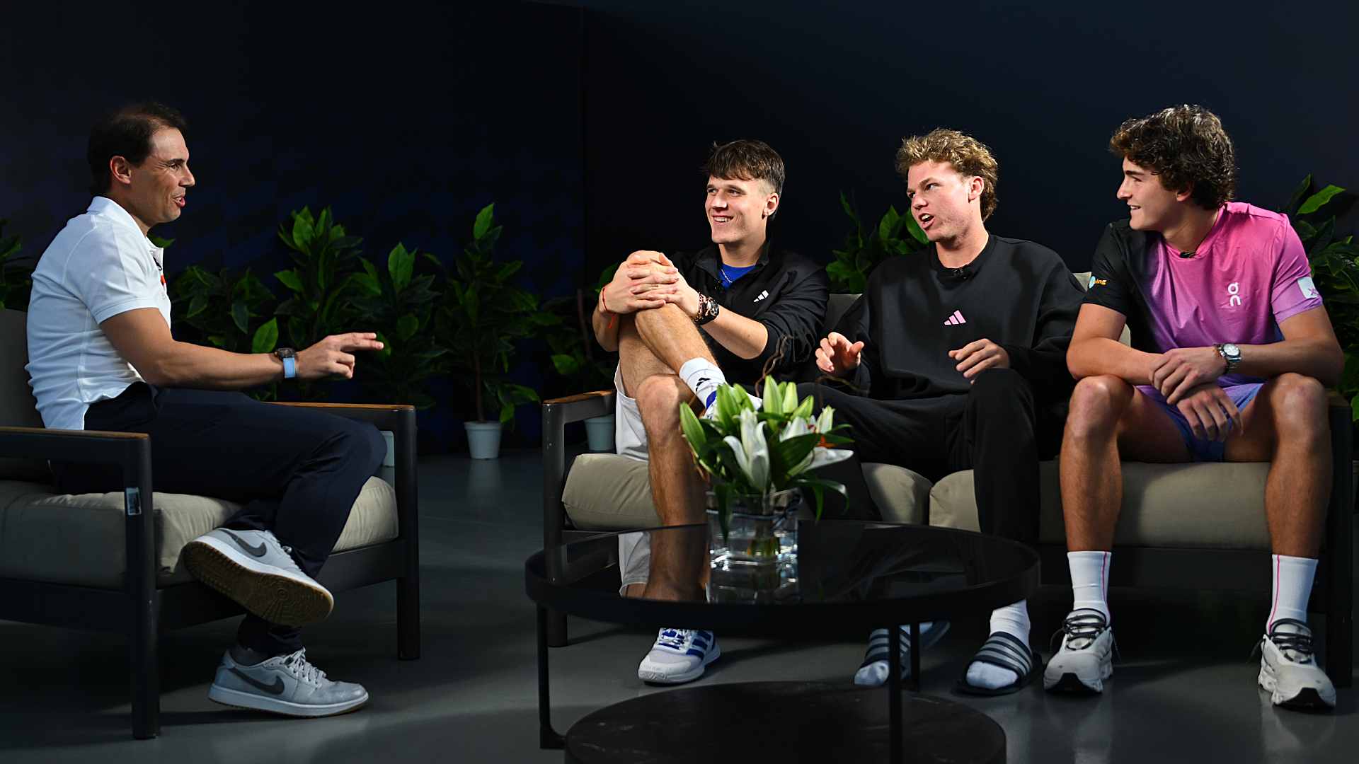 Mensik, Michelsen, and Fonseca share a moment with Nadal.