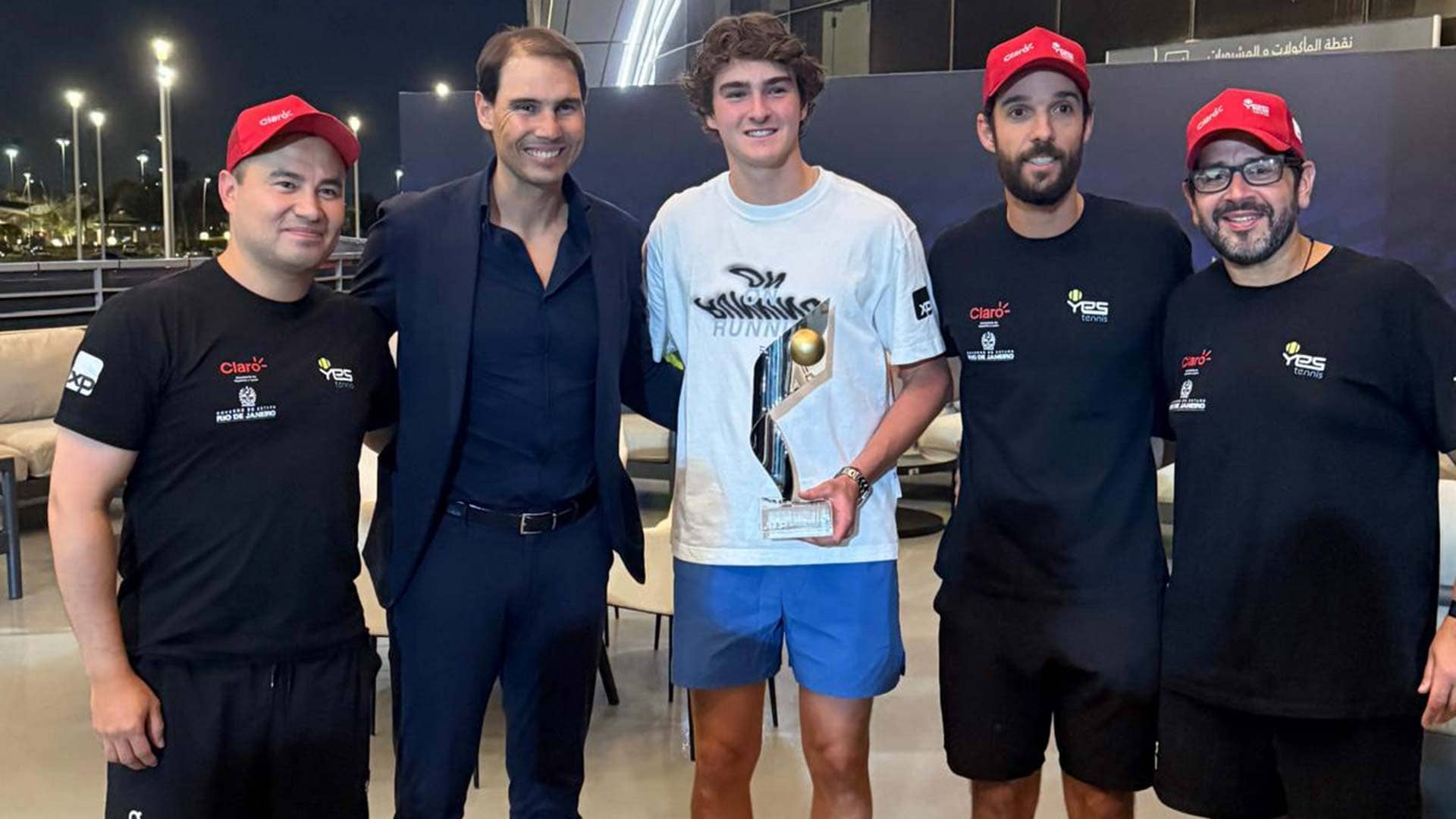 Joao Fonseca with Rafael Nadal following his victory in Jeddah.