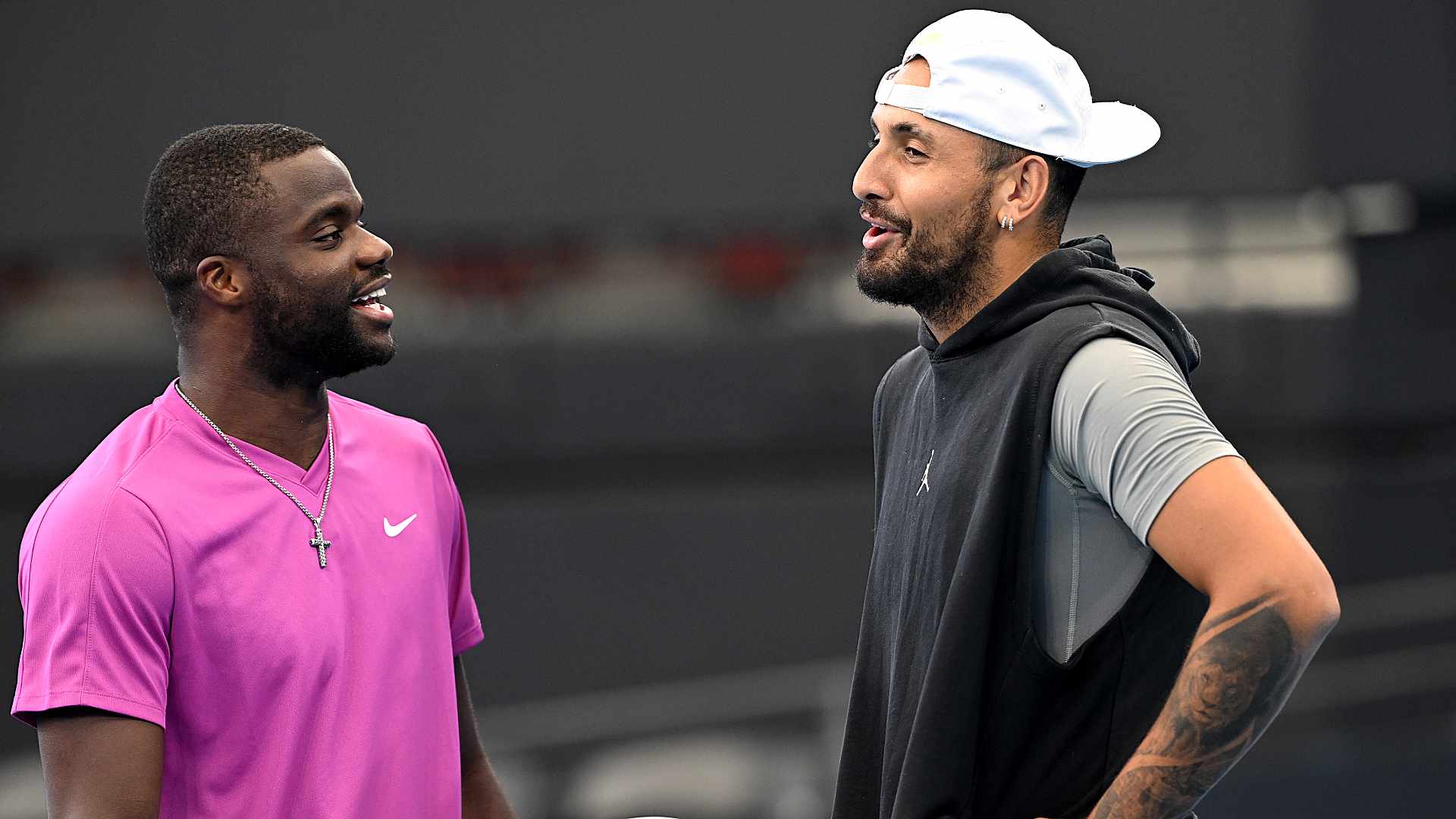 Nick Kyrgios chats with Frances Tiafoe ahead of the Brisbane International presented by Evie.