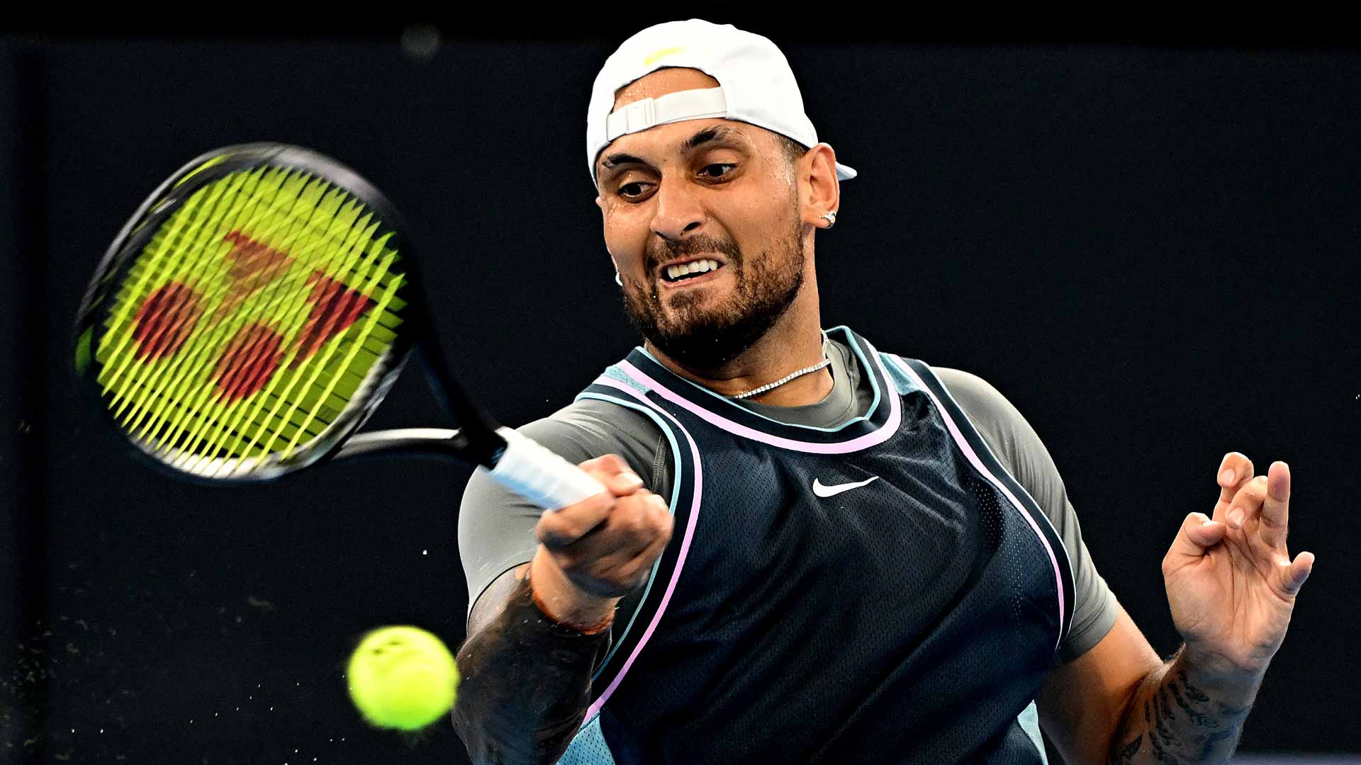 Nick Kyrgios in action on Tuesday at the Brisbane International presented by Evie.