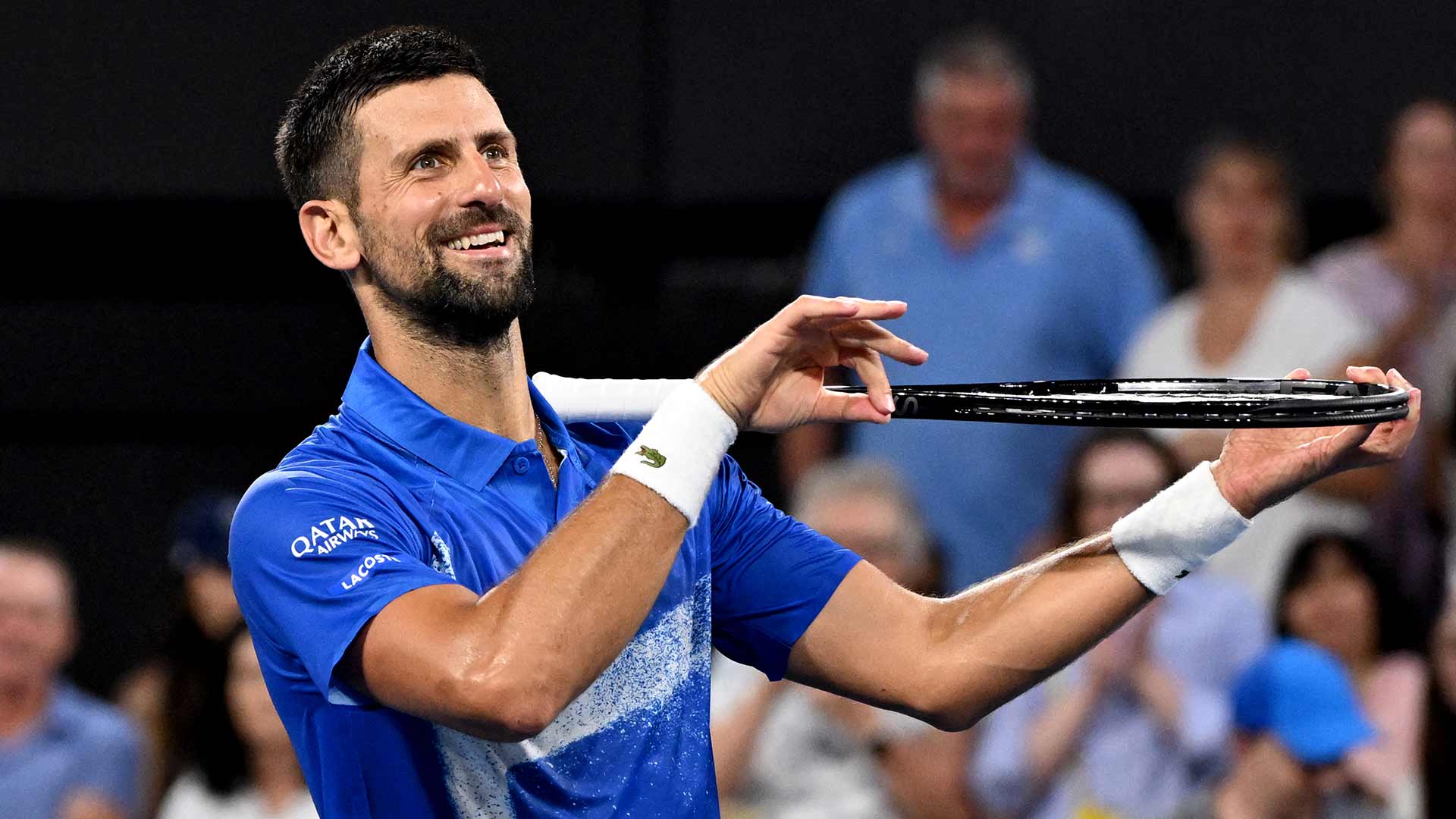 Novak Djokovic celebrates his victory against Gael Monfils on Thursday in Brisbane.
