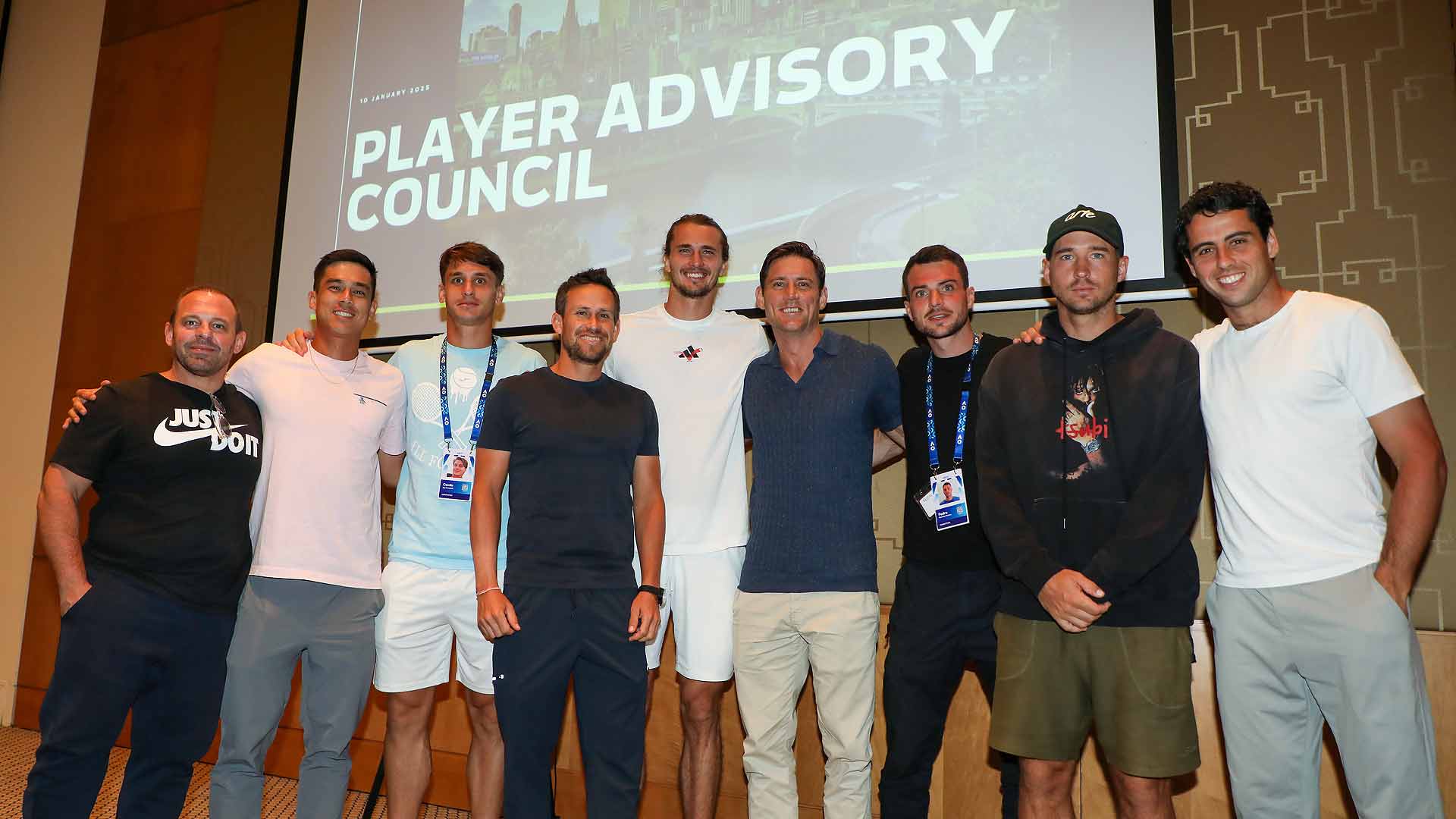 Members of the 2025 ATP Player Advisory Council: Federico Ricci, Mackenzie McDonald, Camilo Ugo Carabelli, Miguel Reyes-Varela, Alexander Zverev, Matthew Ebden, Pedro Martinez, Dusan Lajovic and Jaume Munar.