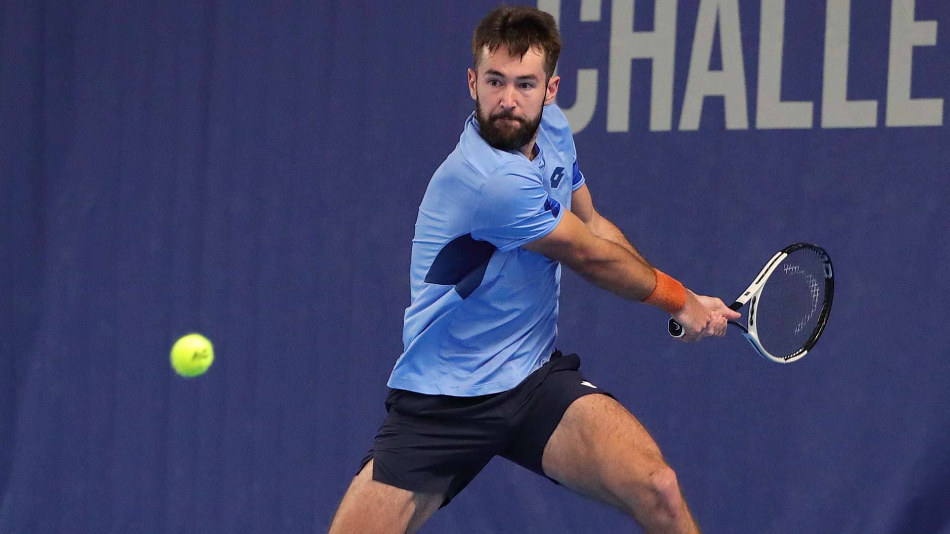 <a href='https://www.atptour.com/en/players/viktor-durasovic/dc76/overview'>Viktor Durasovic</a> in action at the Nottingham Challenger.