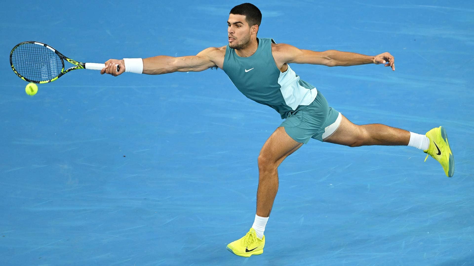 Carlos Alcaraz in action against Alexander Shevchenko on Monday in Melbourne.