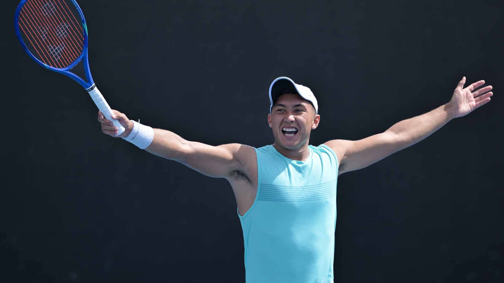 <a href='https://www.atptour.com/en/players/james-mccabe/m0oq/overview'>James McCabe</a> celebrates after his first-round win at the <a href='https://www.atptour.com/en/tournaments/australian-open/580/overview'>Australian Open</a> on Monday.