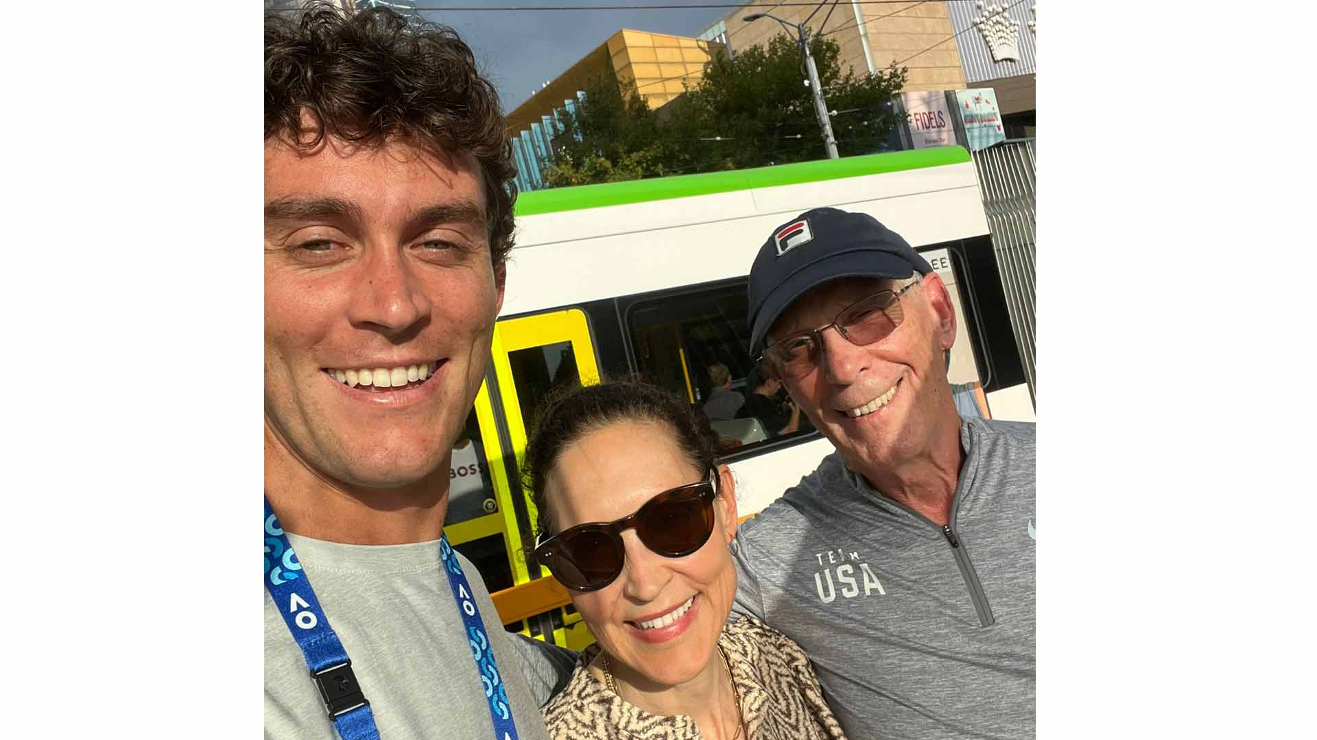 <a href='https://www.atptour.com/en/players/tristan-boyer/b0ej/overview'>Tristan Boyer</a> with his mother and grandfather in Melbourne.