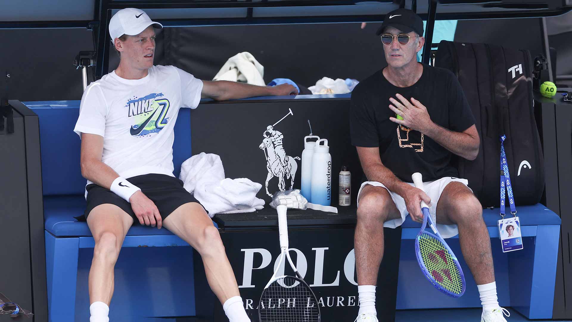 Jannik Sinner and Darren Cahill during a practice session at the Australian Open.