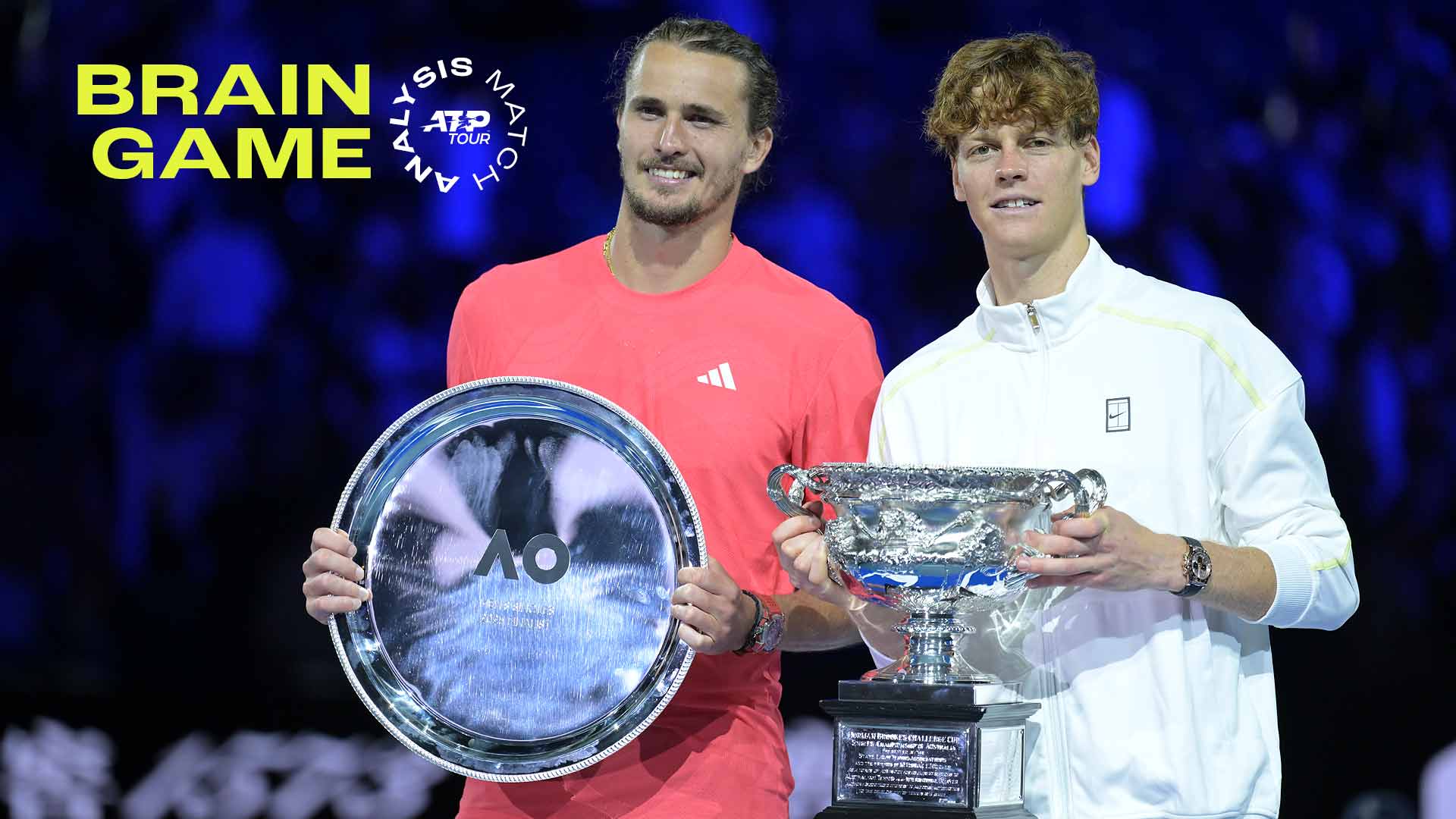 Alexander Zverev and Jannik Sinner share a moment together during the trophy ceremony following the Australian Open final.