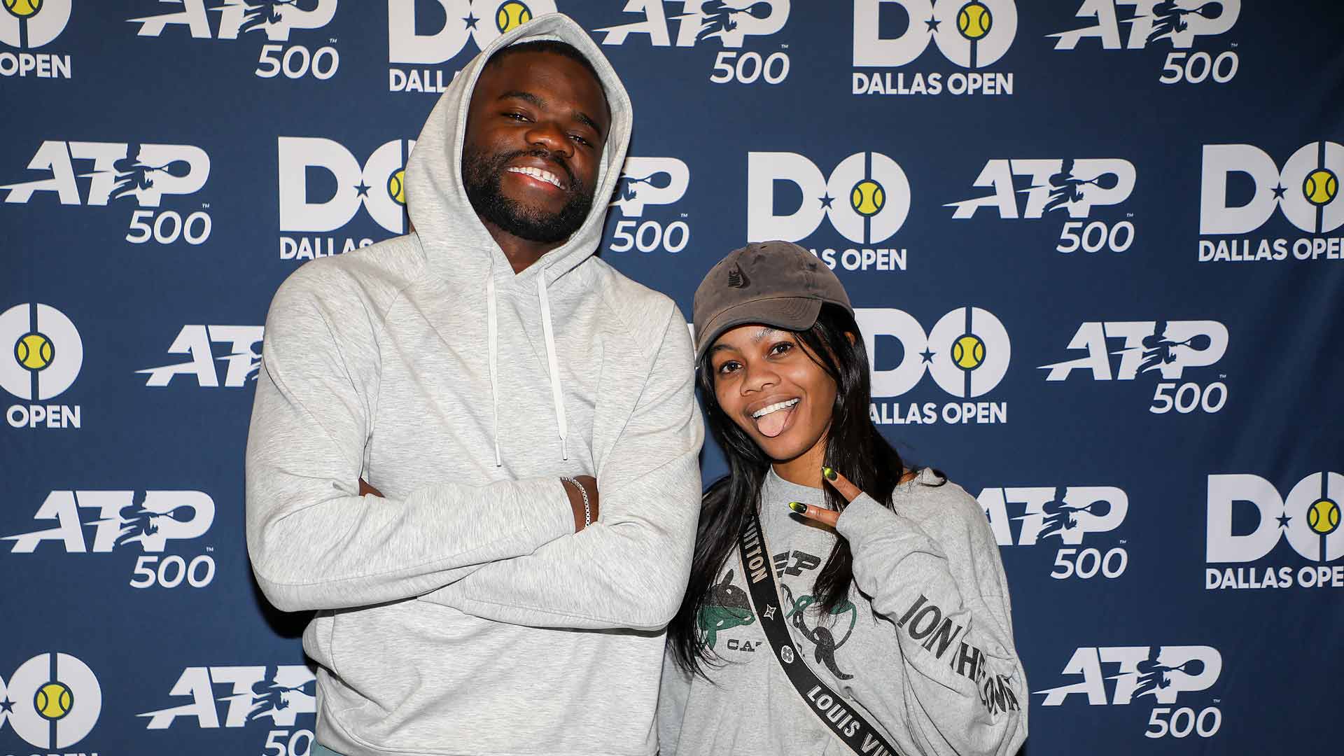 Frances Tiafoe and Olympic gold medalist Gabby Douglas catch up Monday evening at the Dallas Open.