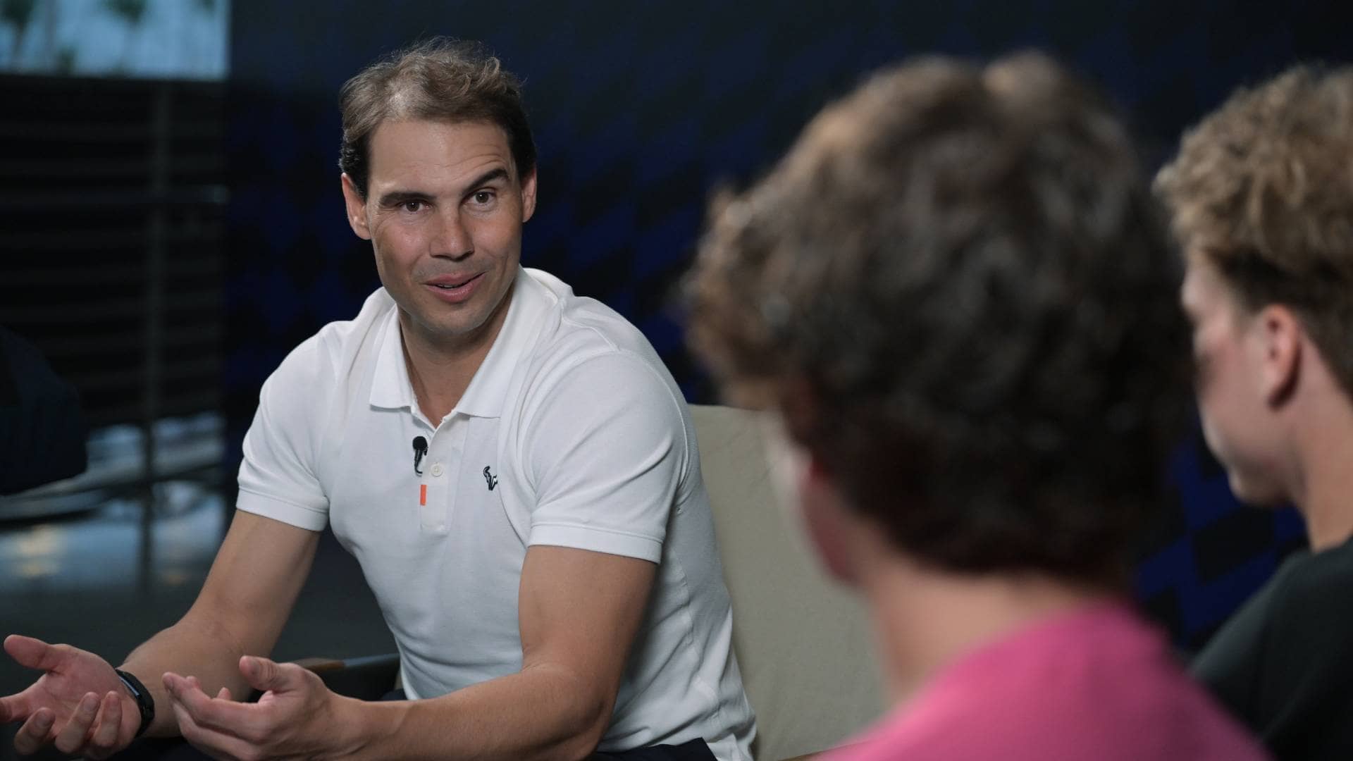 Rafael Nadal speaks to Joao Fonseca and Alex Michelsen at the 2024 Next Gen ATP Finals presented by PIF in Jeddah. 