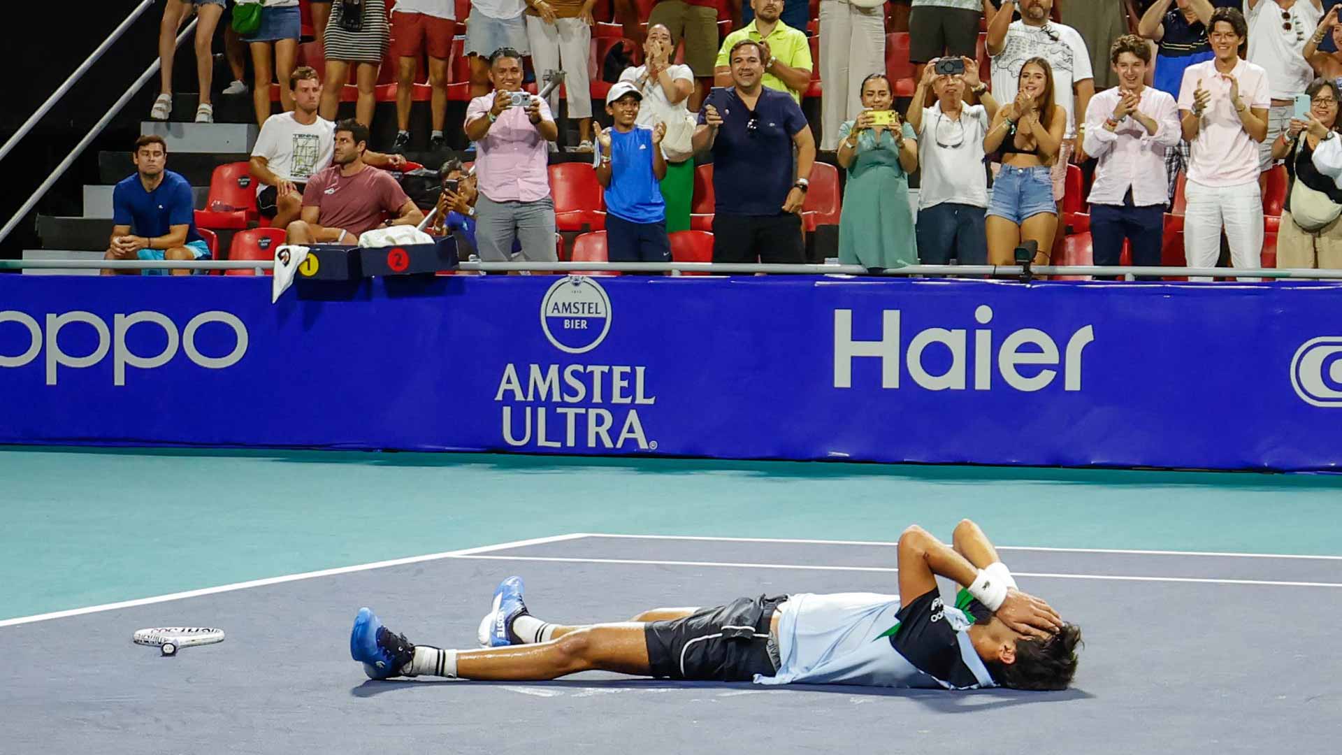 <a href='https://www.atptour.com/es/players/rodrigo-pacheco-mendez/p0j1/overview'>Rodrigo Pacheco Mendez</a> celebrates his 7-5, 4-6, 7-6(4) win against <a href='https://www.atptour.com/es/players/aleksandar-vukic/v832/overview'>Aleksandar Vukic</a>.