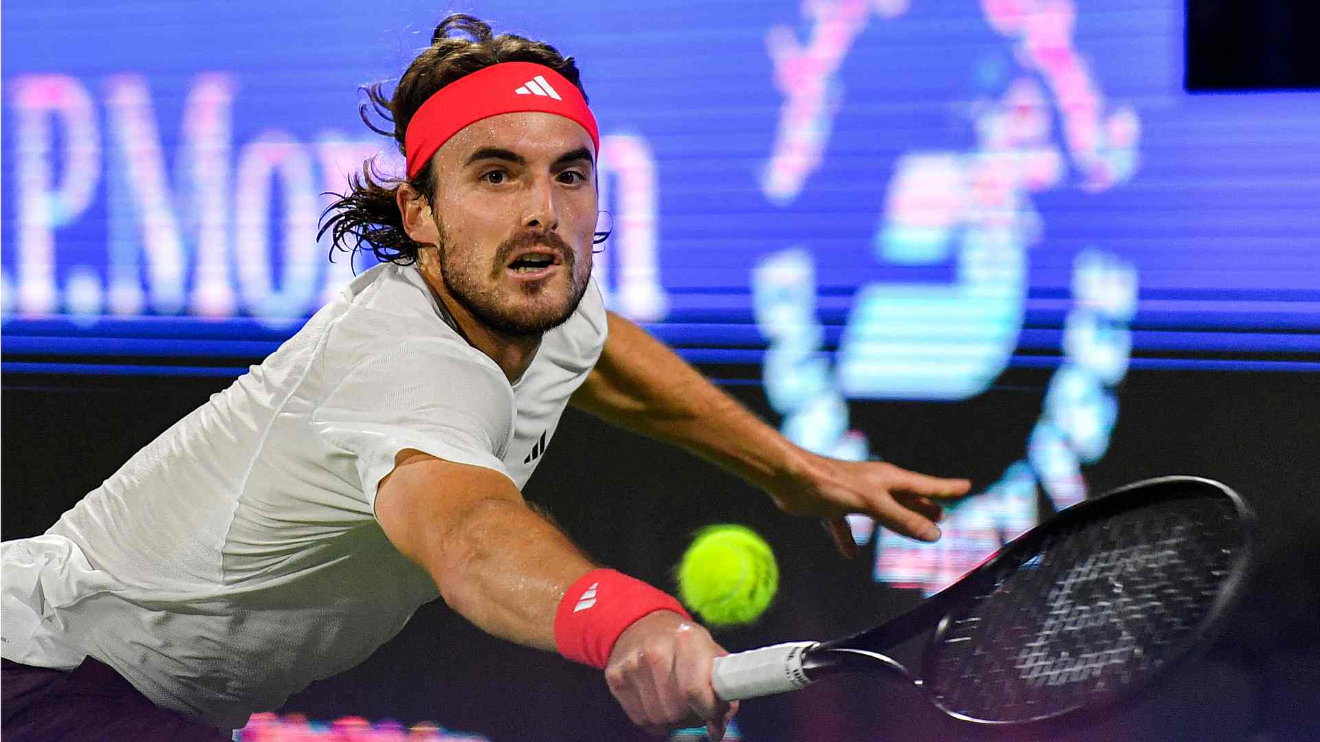 Stefanos Tsitsipas in action at the Dubai Duty Free Tennis Championships.