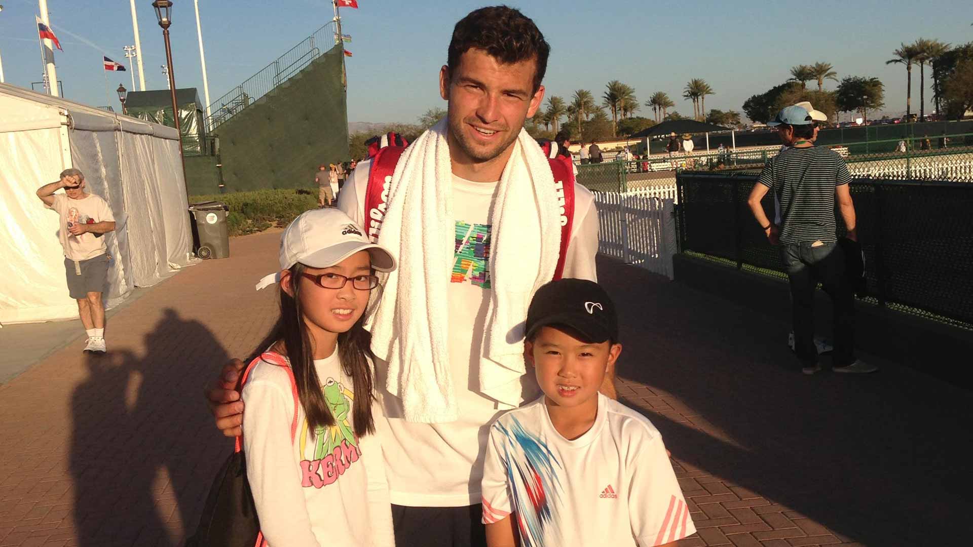 A young Learner Tien and his sister Justice meet Grigor Dimitrov in Indian Wells.