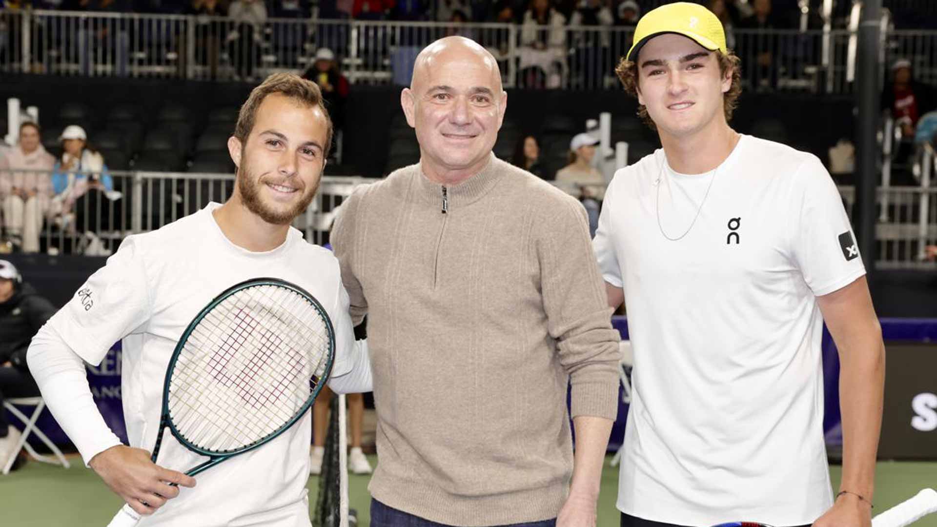 Andre Agassi with Hugo Gaston and Joao Fonseca at the Arizona Tennis Classic.