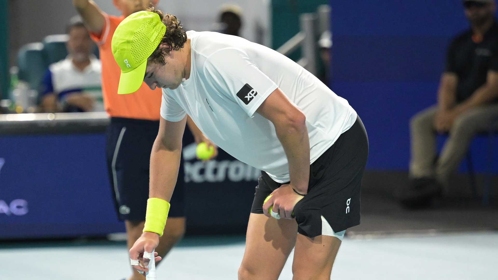 Joao Fonseca pauses for a moment during the third set of his win in Miami against Learner Tien.