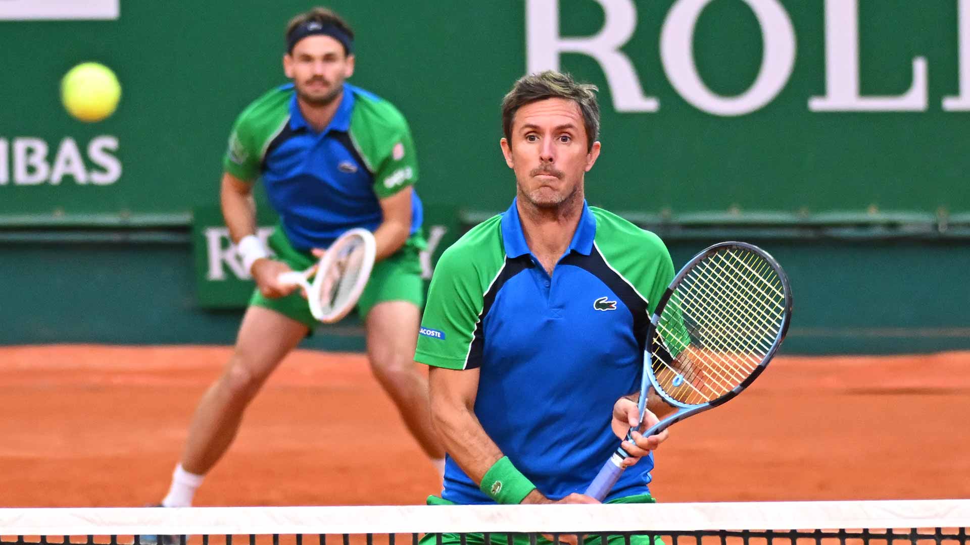 Edouard Roger-Vasselin (front) and Hugo Nys in action Tuesday at the Rolex Monte-Carlo Masters.