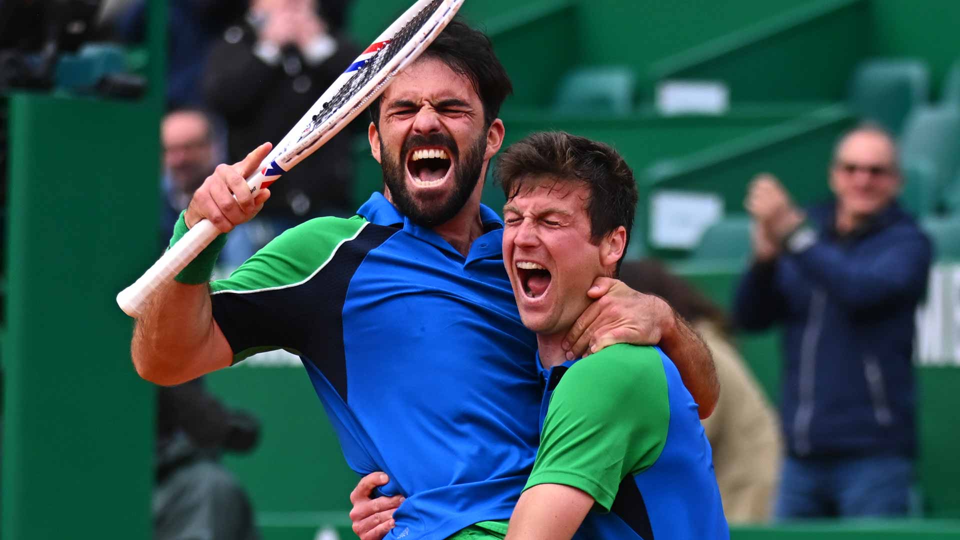 Romain Arneodo and Manuel Guinard celebrate their first title as a team on Sunday in Monte-Carlo.